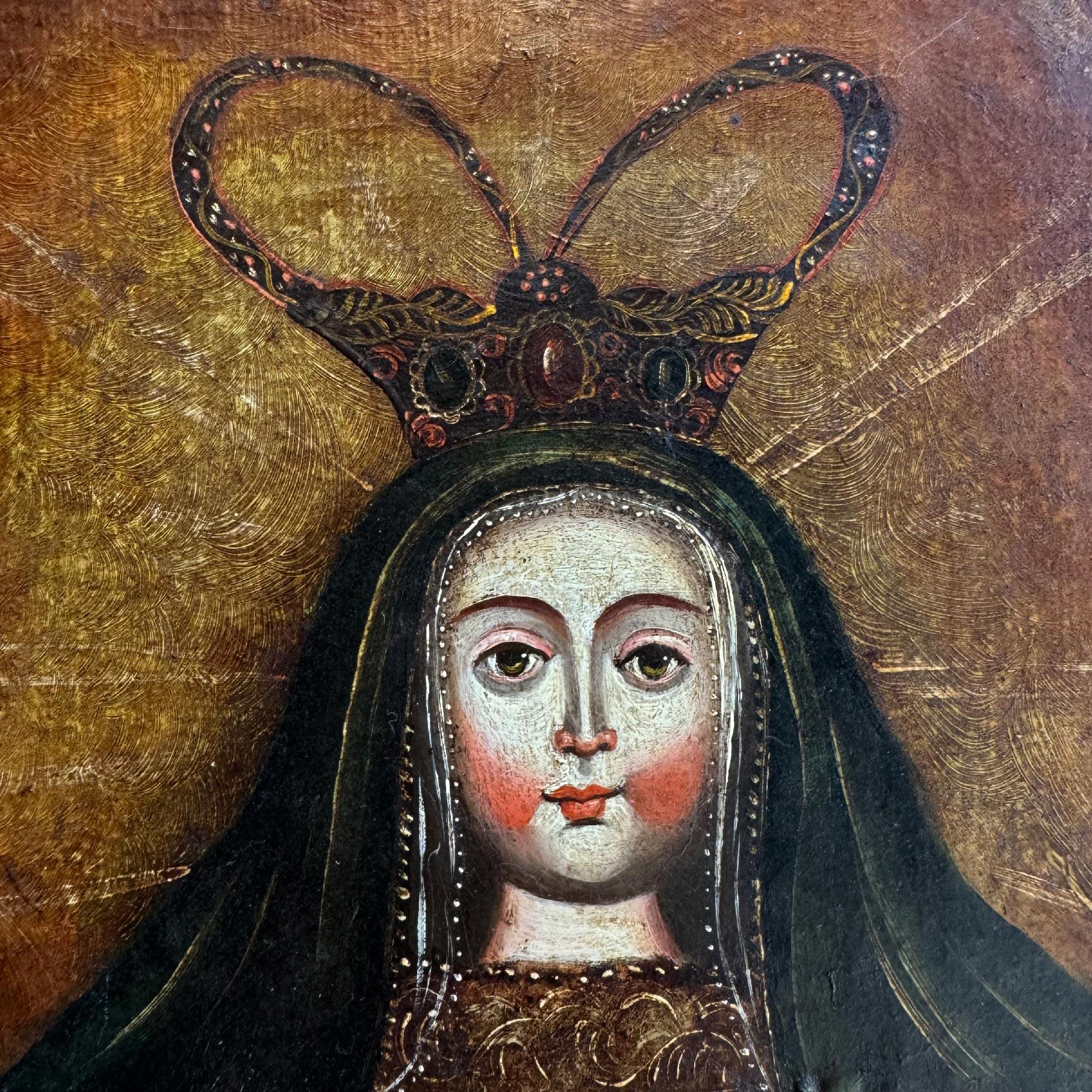 19. Jahrhundert Cuzco Schule Öl auf Leinwand Heilige Mutter und Jesuskind (Handbemalt) im Angebot