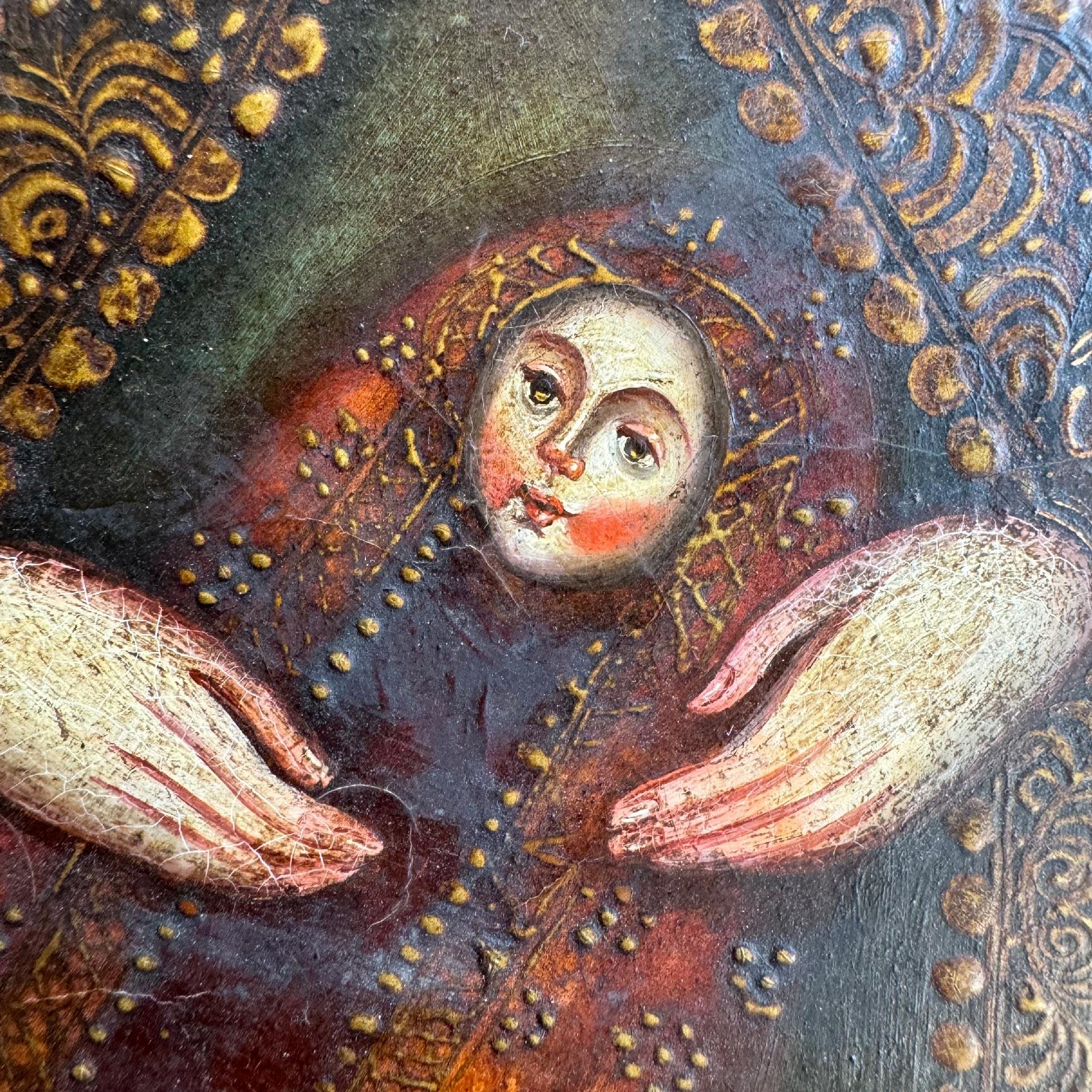 19. Jahrhundert Cuzco Schule Öl auf Leinwand Heilige Mutter und Jesuskind im Angebot 1