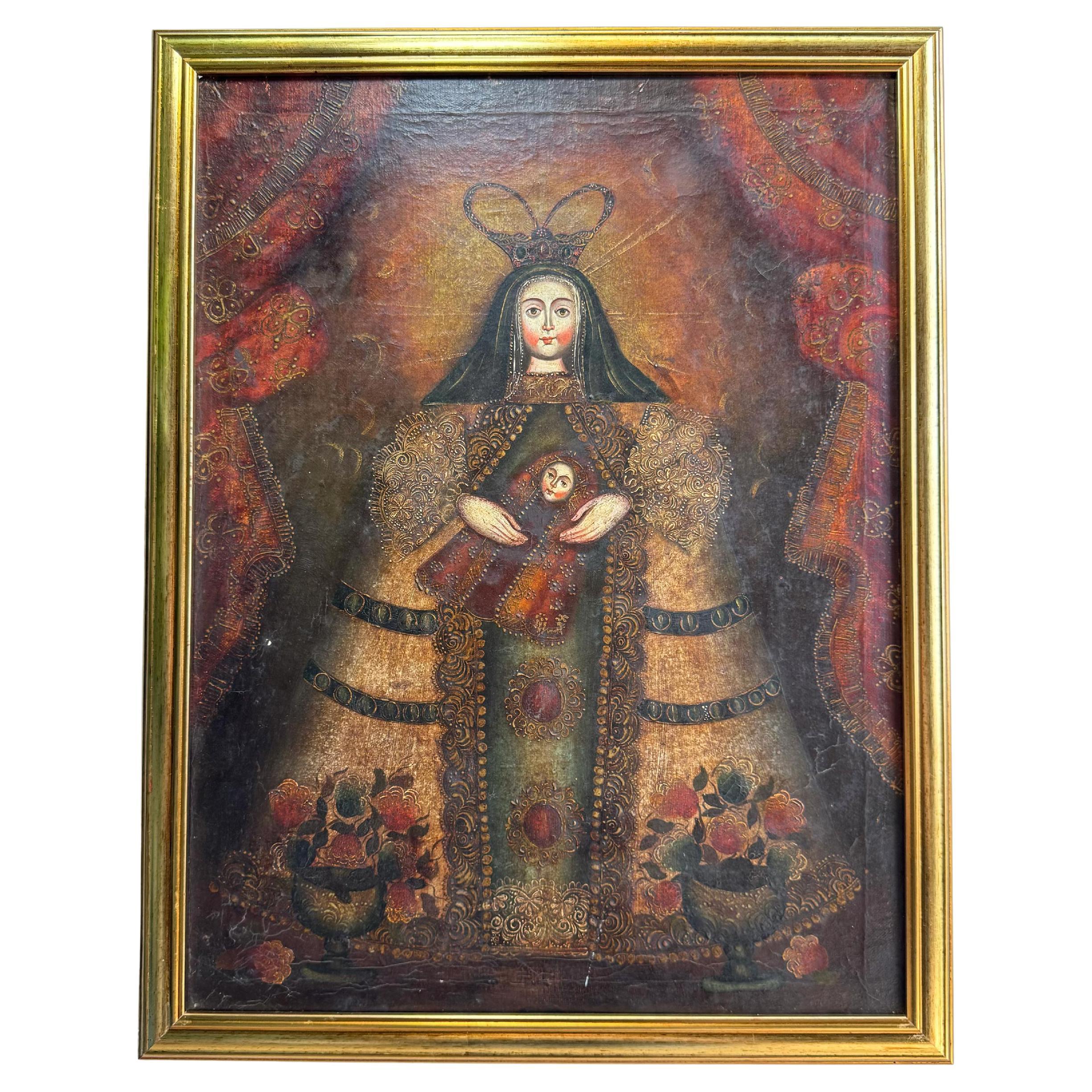19th Century Cuzco School Oil On Canvas Holy Mother and Infant Jesus