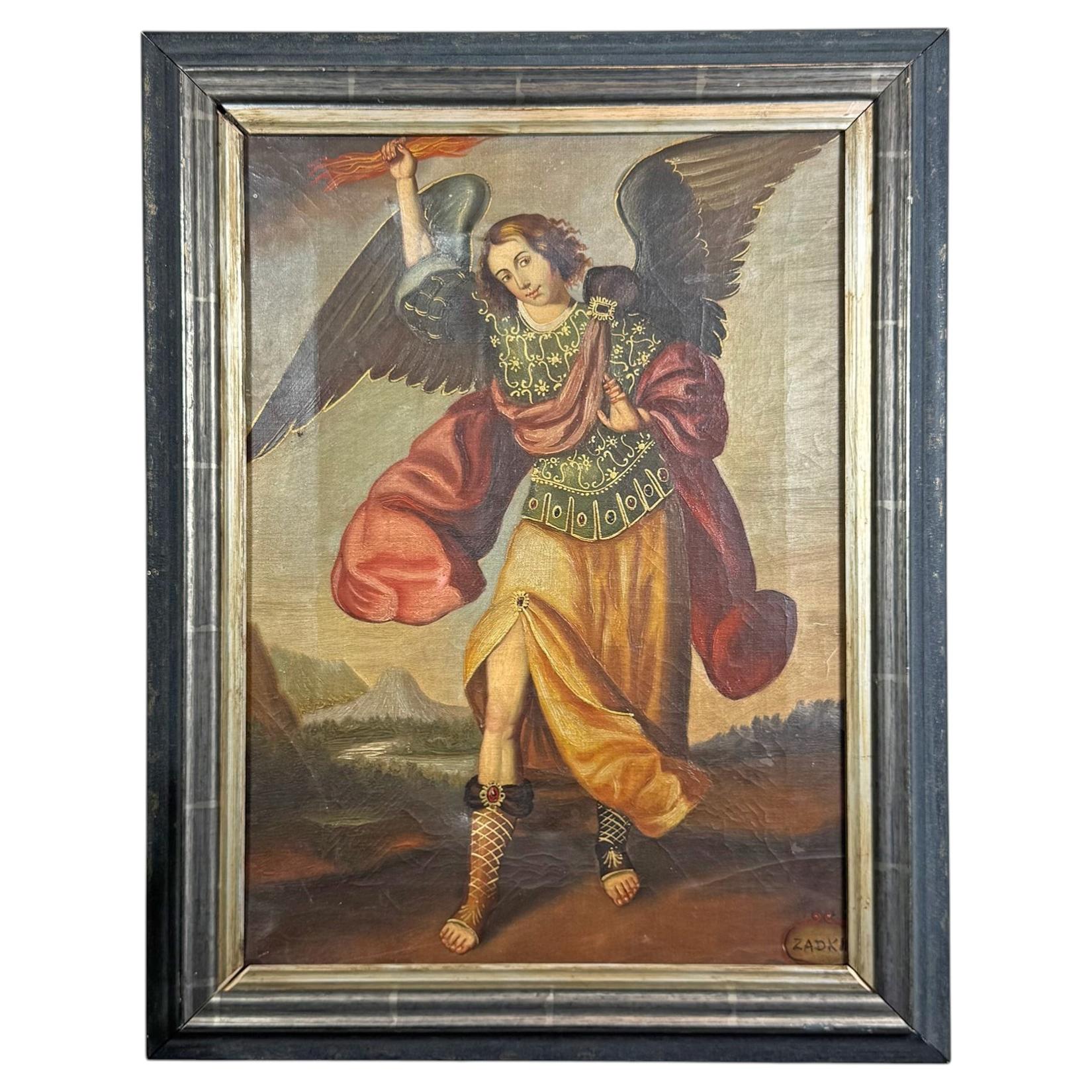 19th Century Cuzco School Oil on Canvas of Archangel Zadkiel For Sale