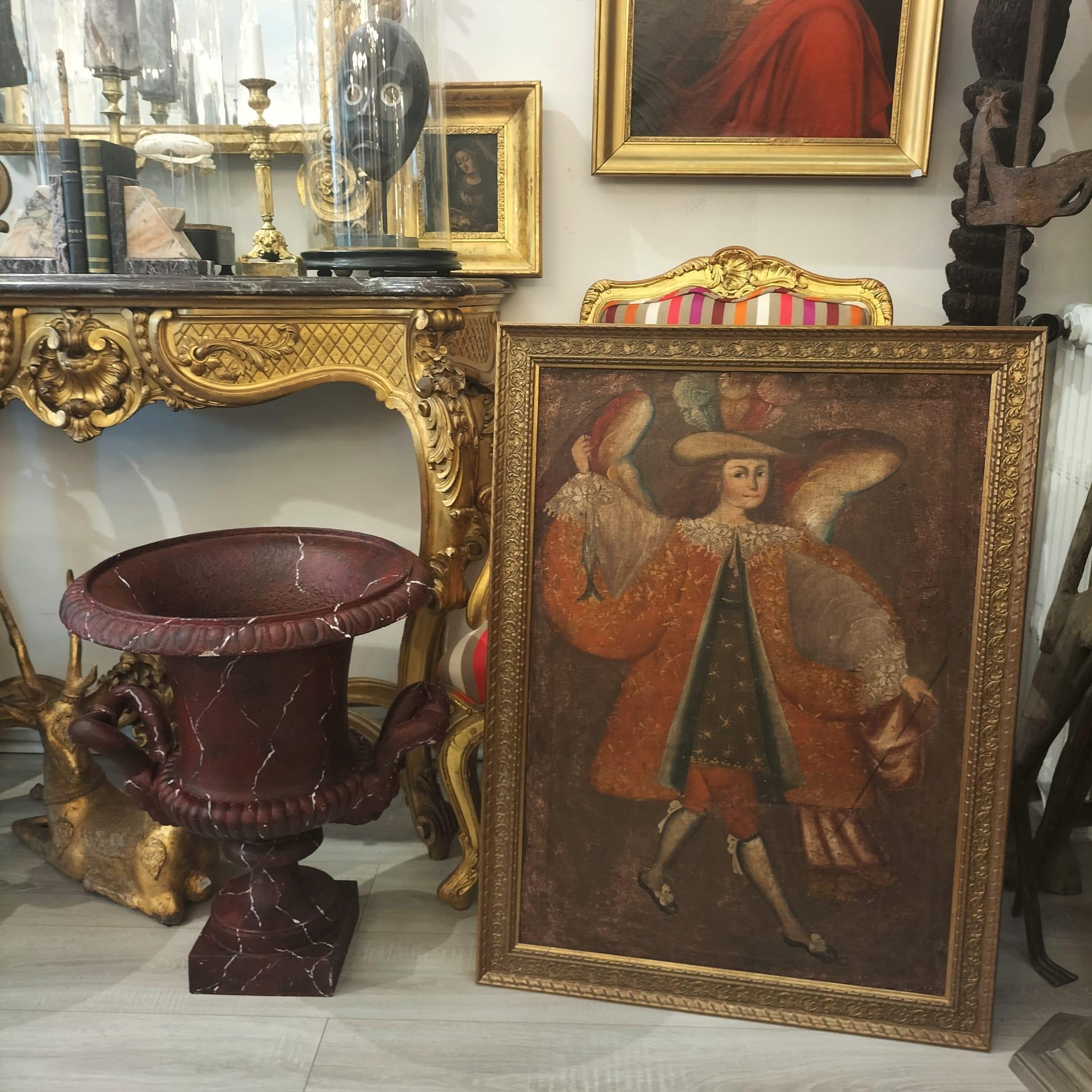 19th Century Cuzco School Oil Painting of Archangel Raphael In Good Condition For Sale In NICE, FR