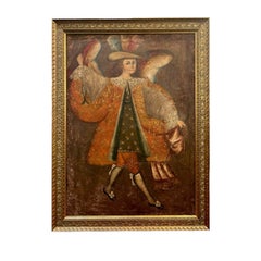 Vintage 19th Century Cuzco School Oil Painting of Archangel Raphael
