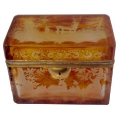 Antique 19th Century Czech Bohemian Carved Art Glass Display Box or Sugar/Tea Caddy