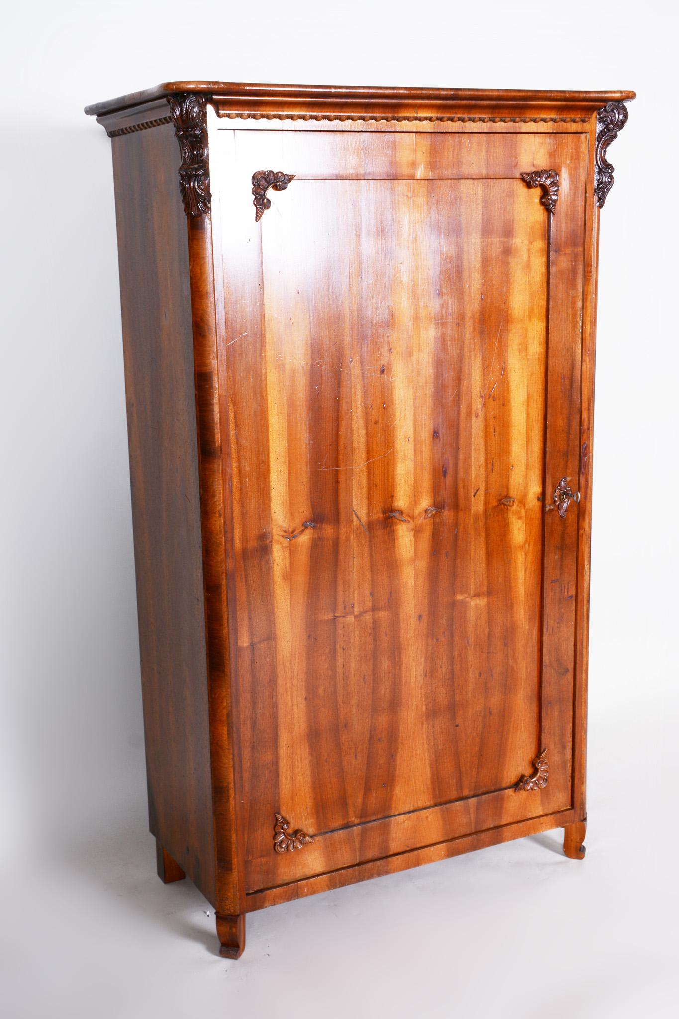 19th Century Czech One Door Biedermeier Walnut Wardrobe Cabinet, Restored, 1840s 1