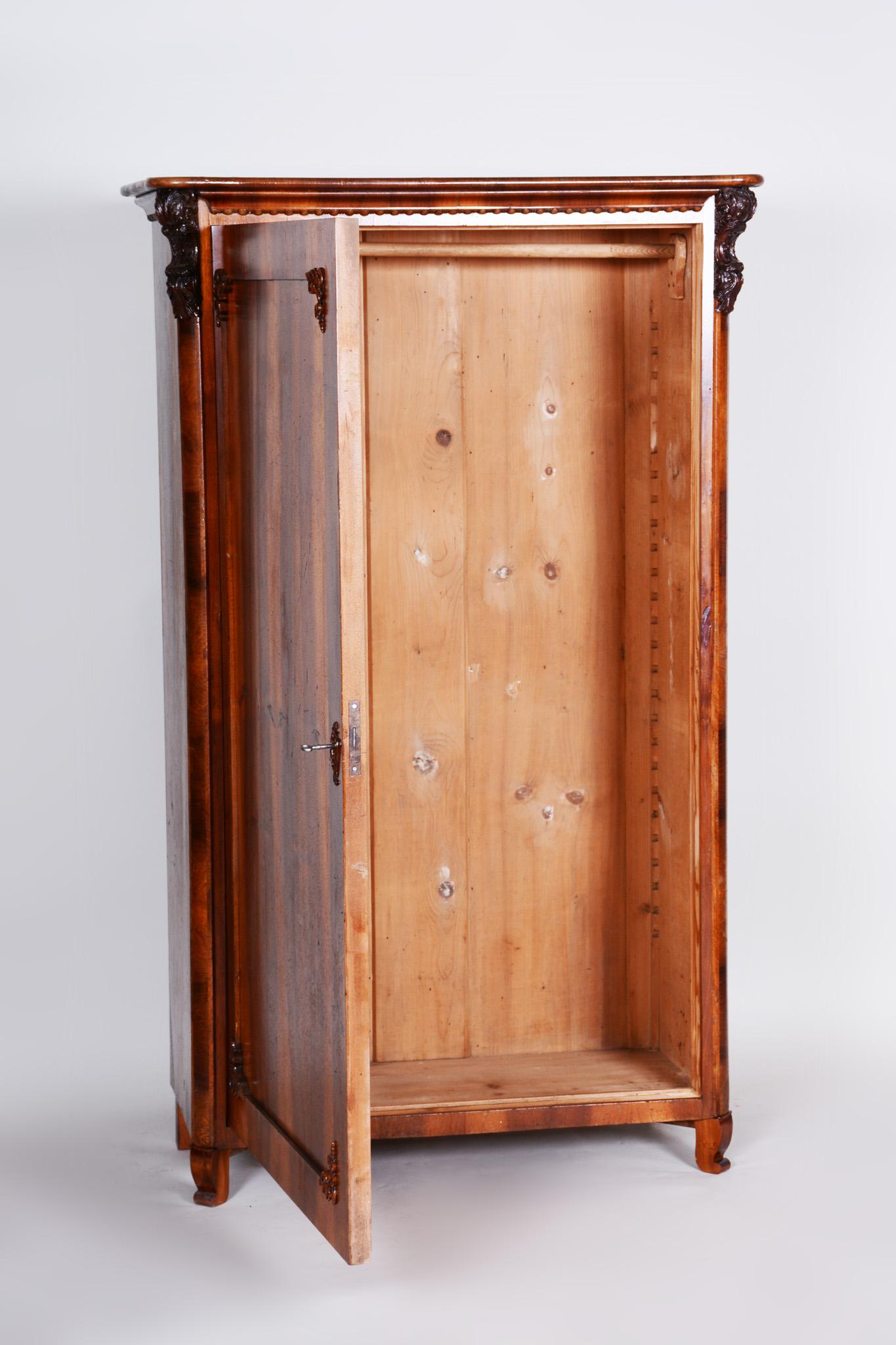 19th Century Czech One Door Biedermeier Walnut Wardrobe Cabinet, Restored, 1840s 2