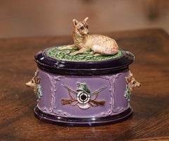 19th Century Czech Painted Ceramic Barbotine Hunt Decor Sugar Bowl with Lid