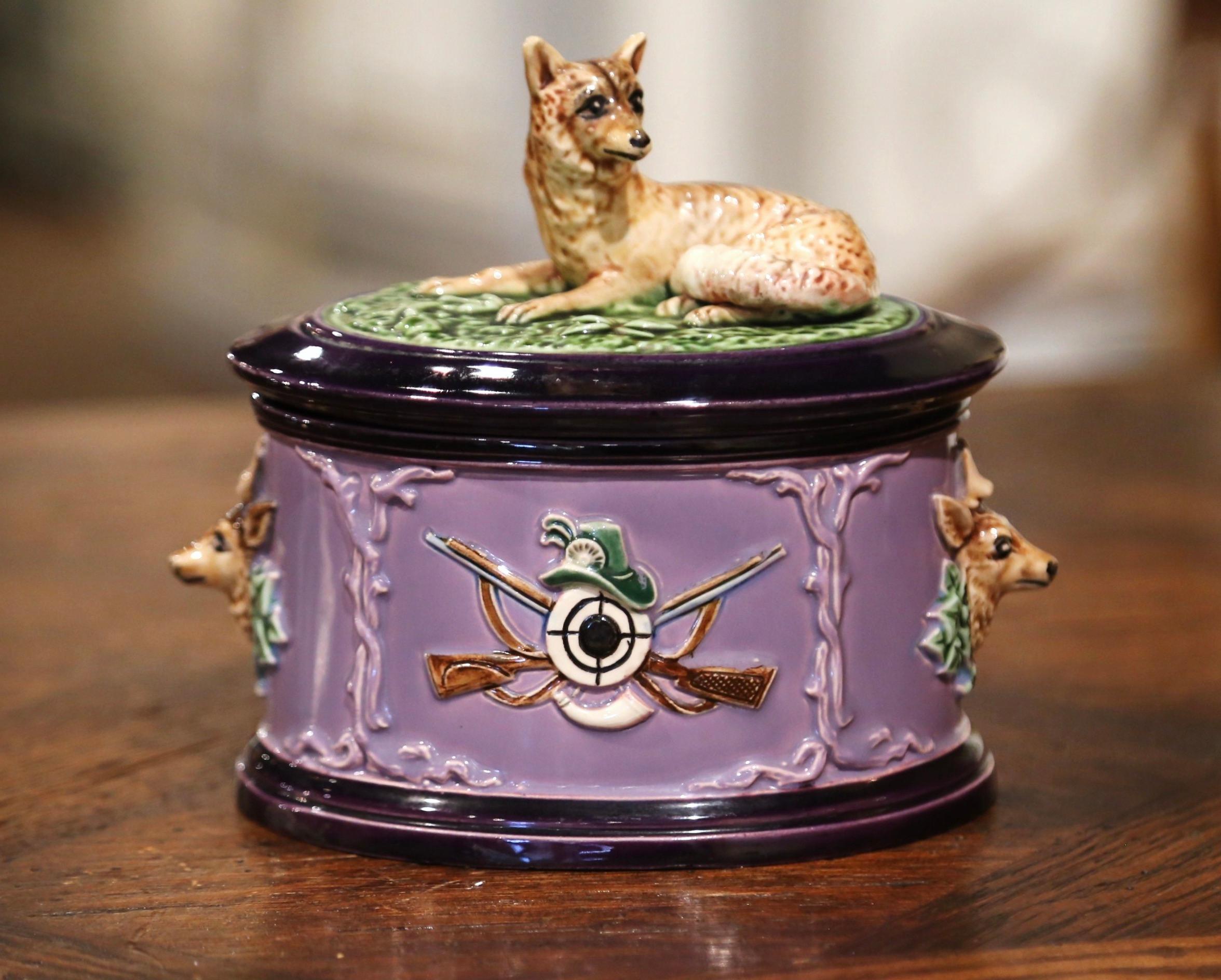19th Century Czech Painted Ceramic Barbotine Hunt Decor Sugar Bowl with Lid In Excellent Condition In Dallas, TX