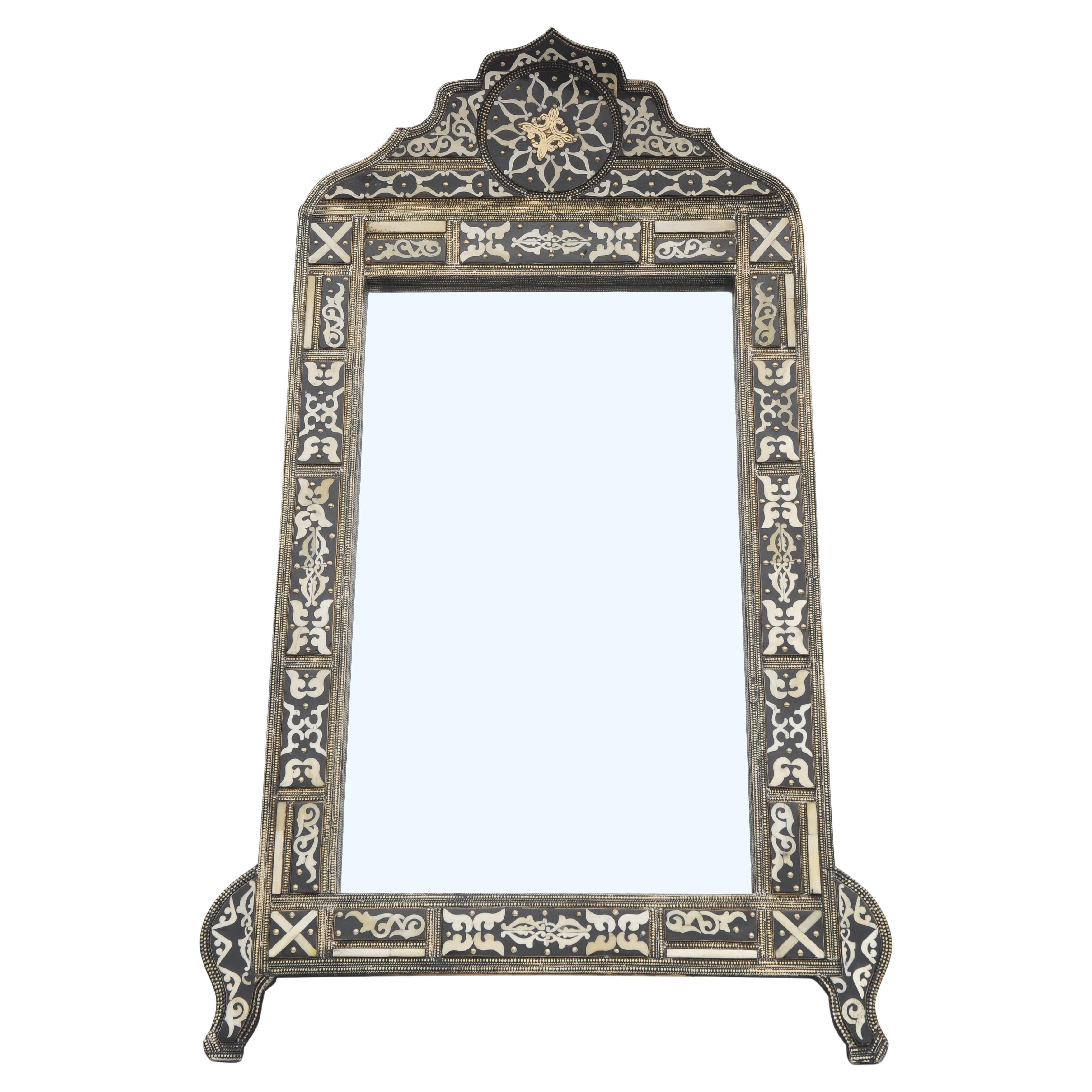 19th Century Damascene Mirror With Bone Inlay & Silvered Metal Decoration
