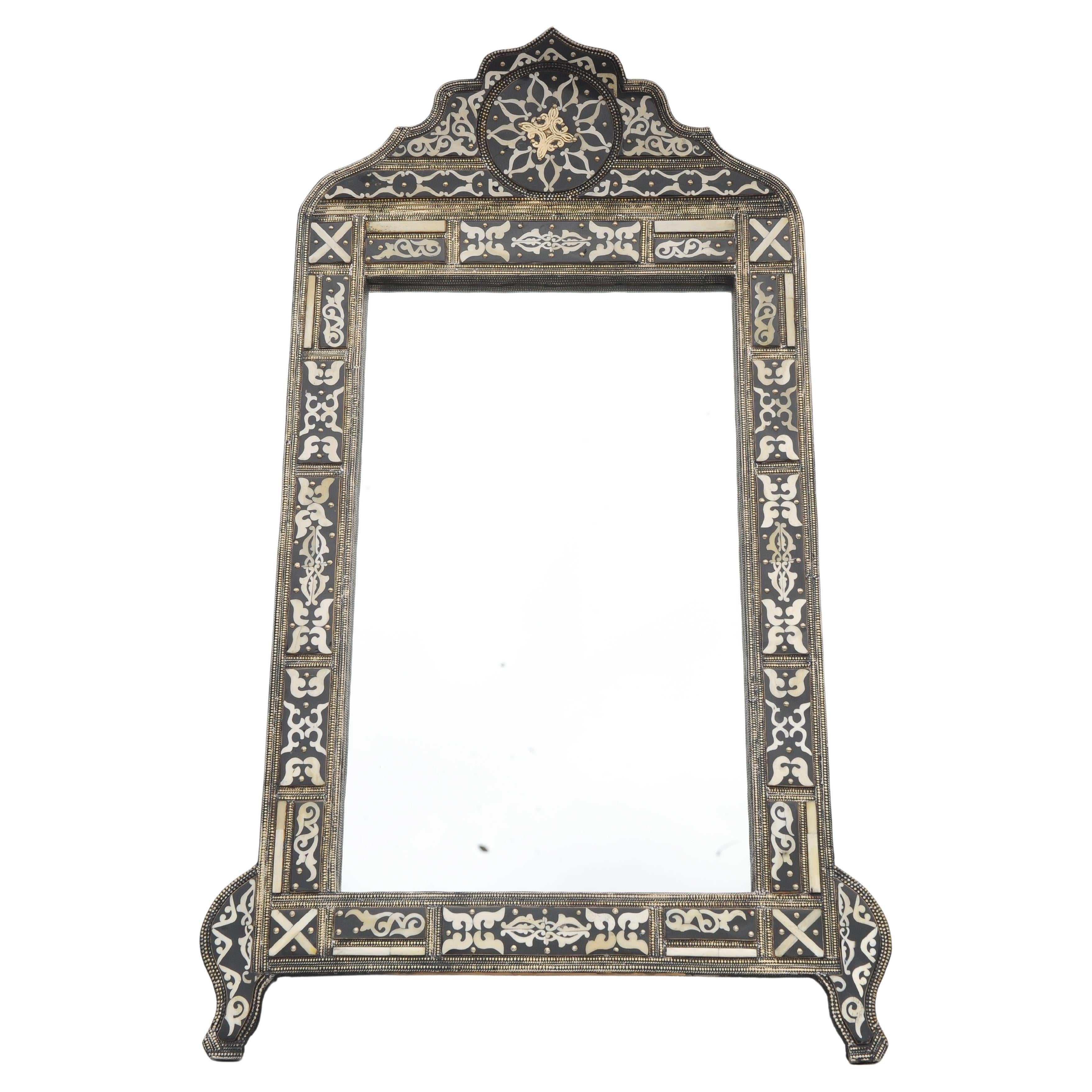 A Beautiful Early 19th Century Highly Decorative Damascene Syrian Wall Mirror.
Hand Crafted With Bone Inlaid & Silvered Metal Decoration. 

Would Suit A Modern or Period Home, The Monochrome Colours Are Very Striking, and Timeless. 

