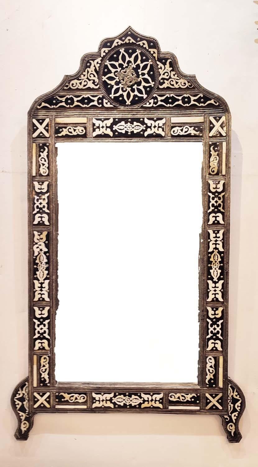 Moorish 19th Century Damascene Syrian Mirror With Bone Inlay & Silvered Metal For Sale