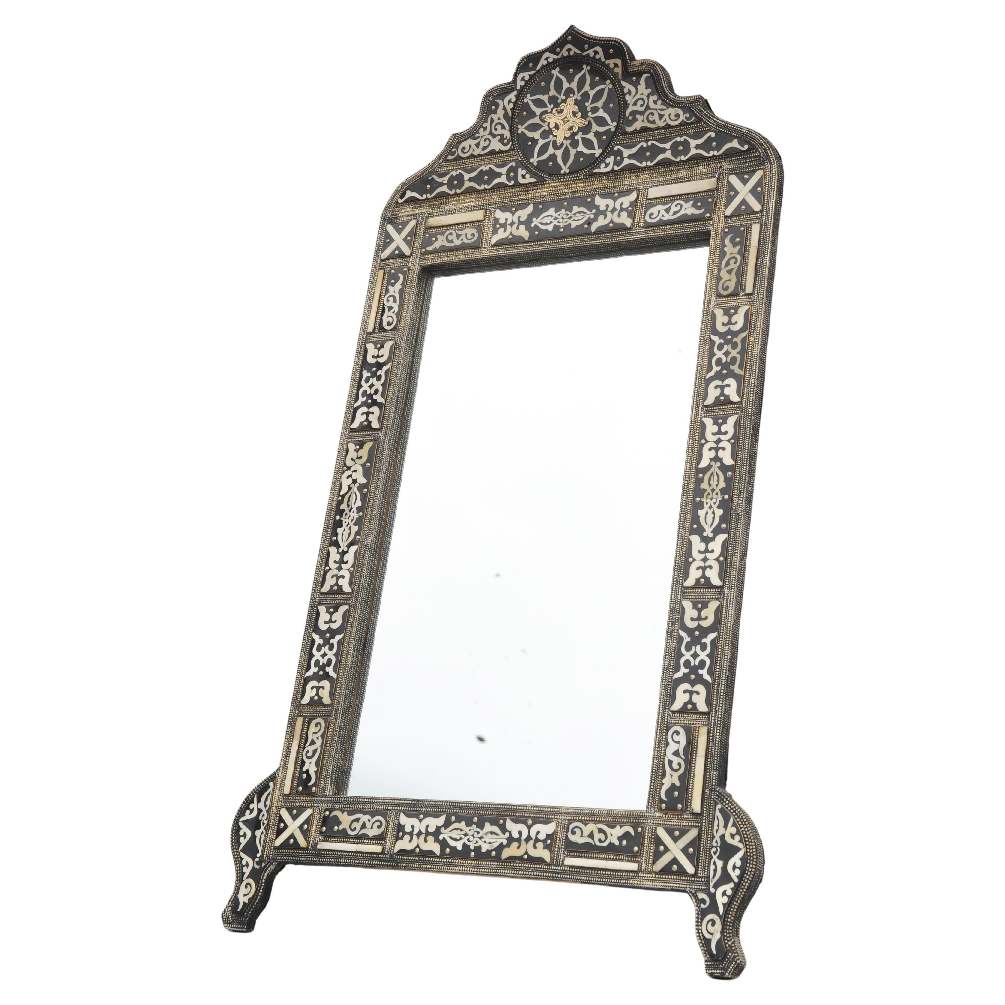 Hammered 19th Century Damascene Syrian Mirror With Bone Inlay & Silvered Metal For Sale