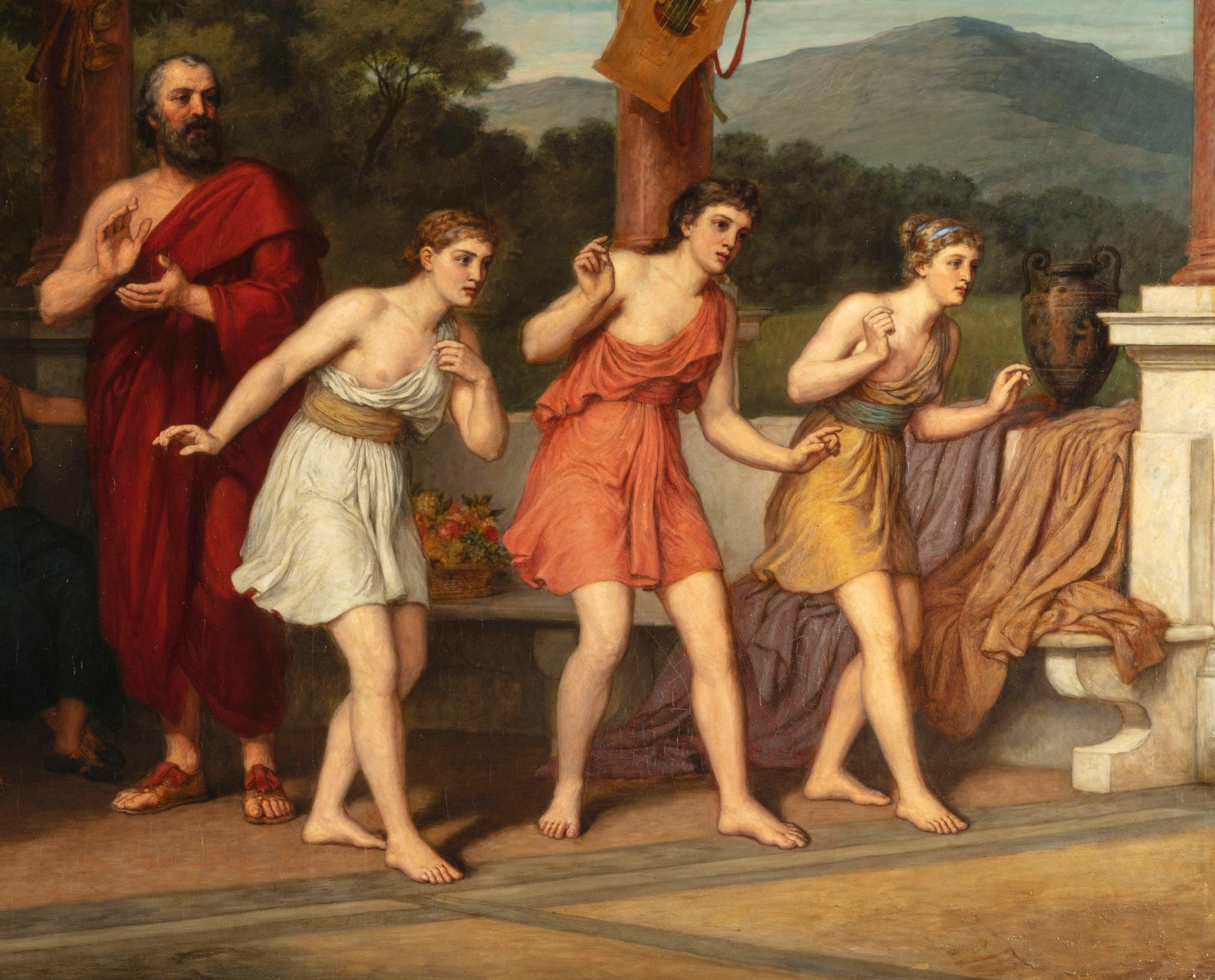 dance scene in Ancient Greece.
19th century, oil on canvas, signed at the bottom left
Measures: With frame: L 187 x H 129 x 10.5 cm
Without frame: L 155.5 x H 100

The painting, of remarkable dimensions and of great decorative effect, represents