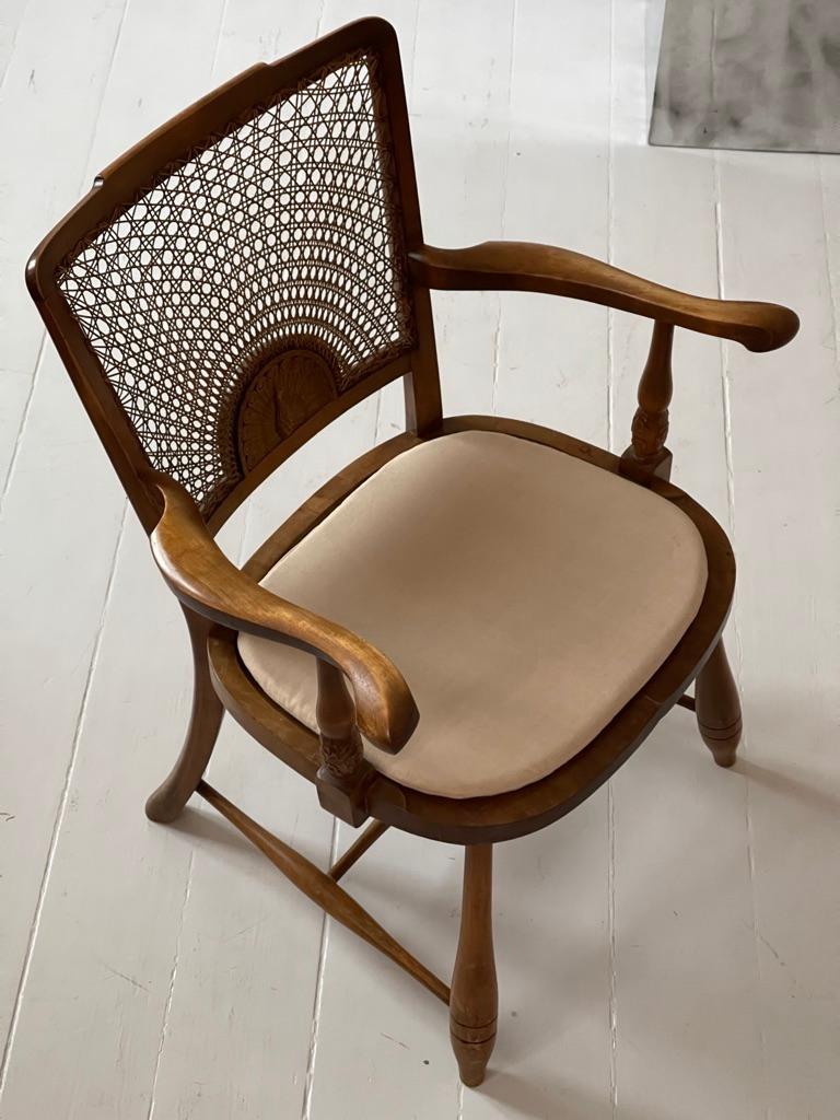 Arts and Crafts 19th Century Danish Art and Craft Armchair in Nutwood and Wicker with Decoration For Sale