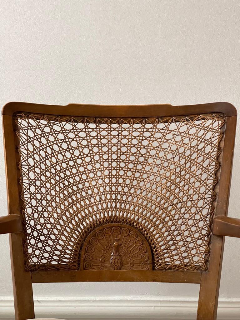 Hand-Carved 19th Century Danish Art and Craft Armchair in Nutwood and Wicker with Decoration For Sale