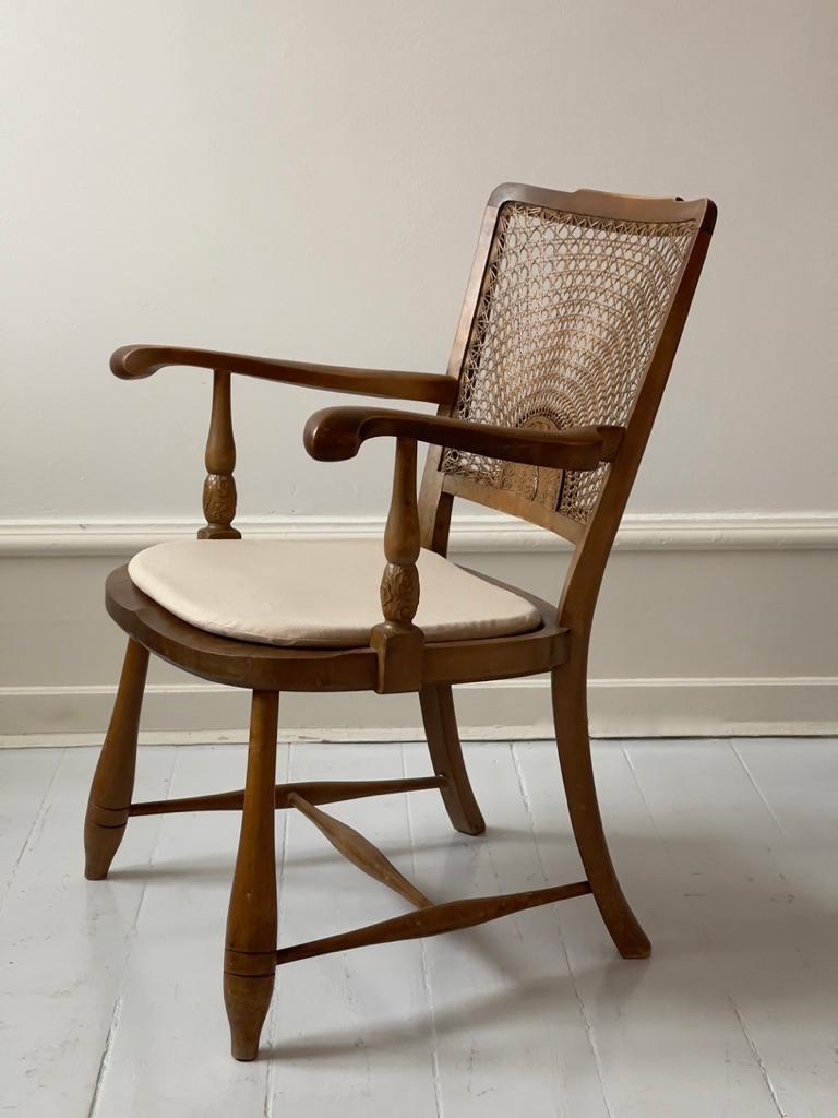 Late 19th Century 19th Century Danish Art and Craft Armchair in Nutwood and Wicker with Decoration For Sale