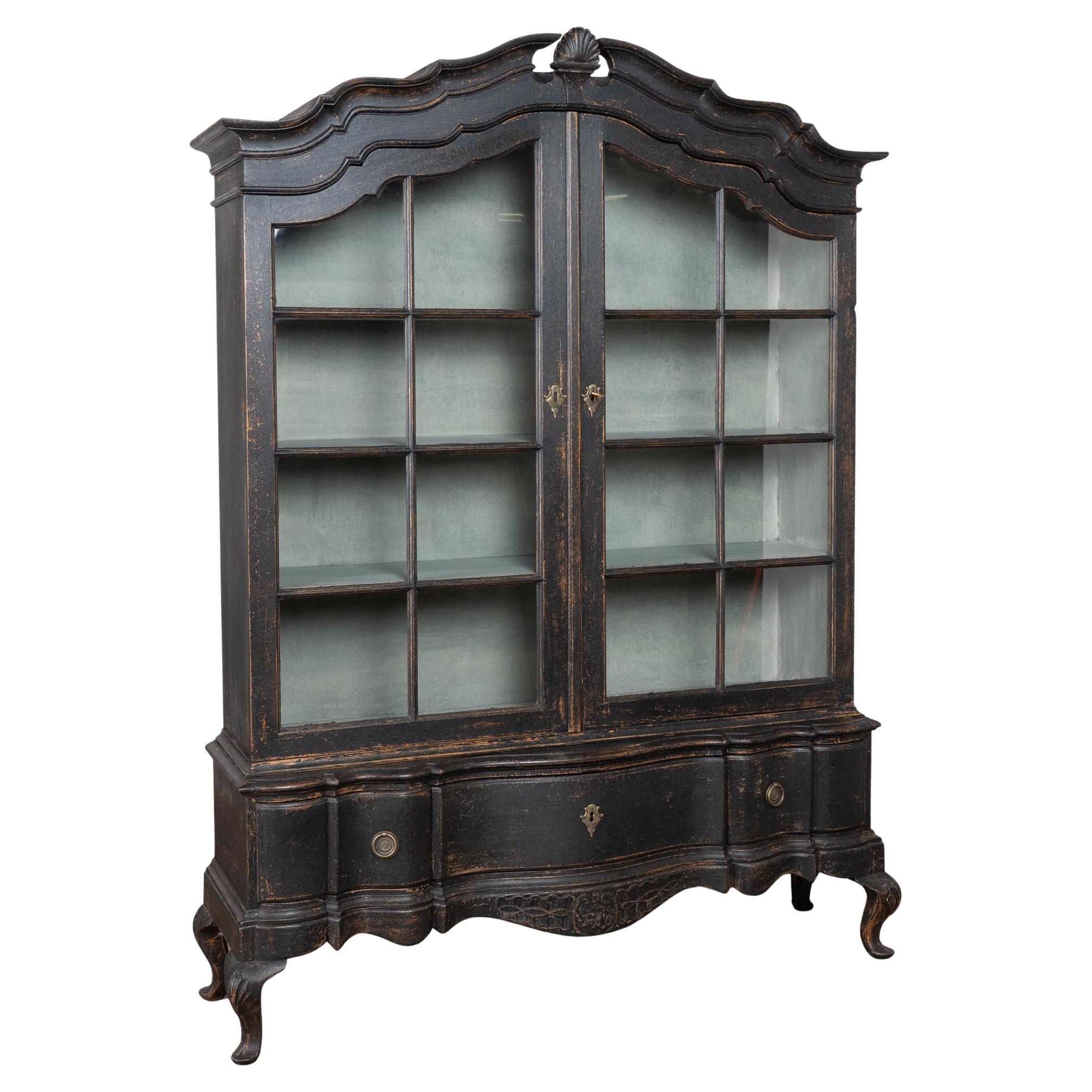 19th Century Danish Black Painted Oak Display Cabinet Vitrine Bookcase For Sale