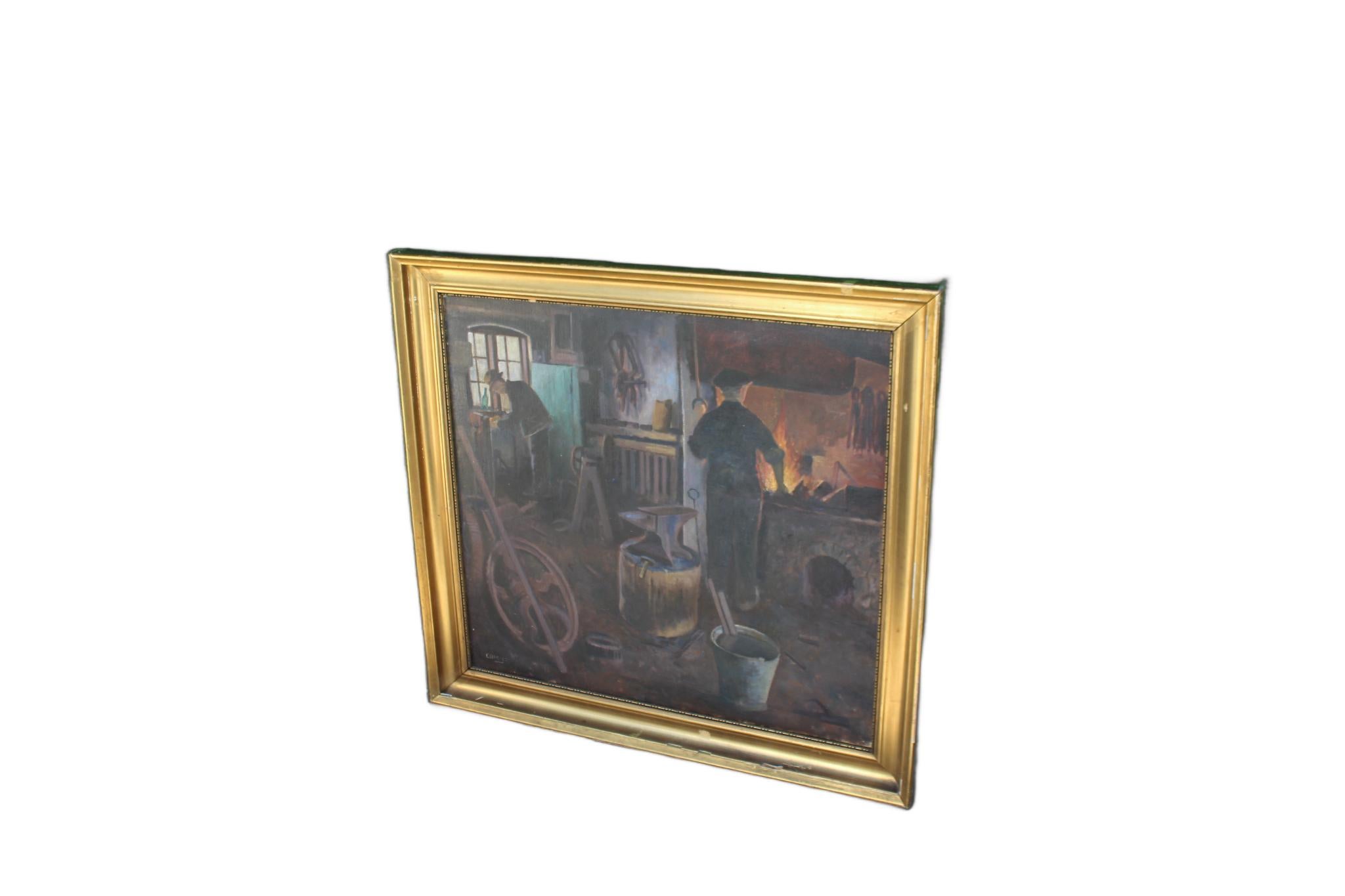 Intérieur de forge atmosphérique d'Edvard Petersen signé par un monogramme

Cette magnifique peinture de la fin du XIXe siècle représentant l'intérieur d'une forge est l'œuvre du célèbre peintre réaliste danois Edvard Petersen. Représentant une