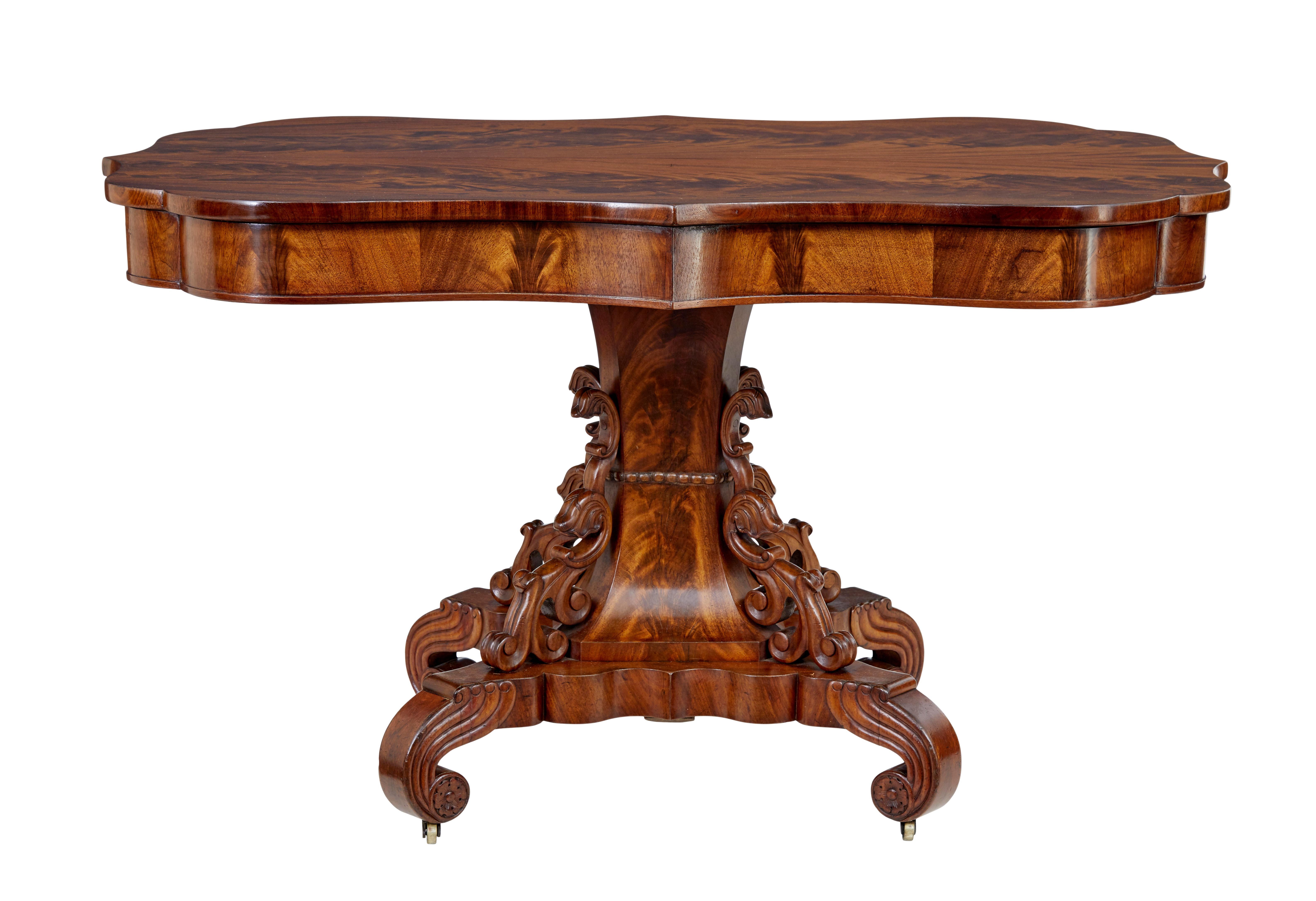 Hand-Carved 19th Century Danish Carved Flame Mahogany Center Table For Sale
