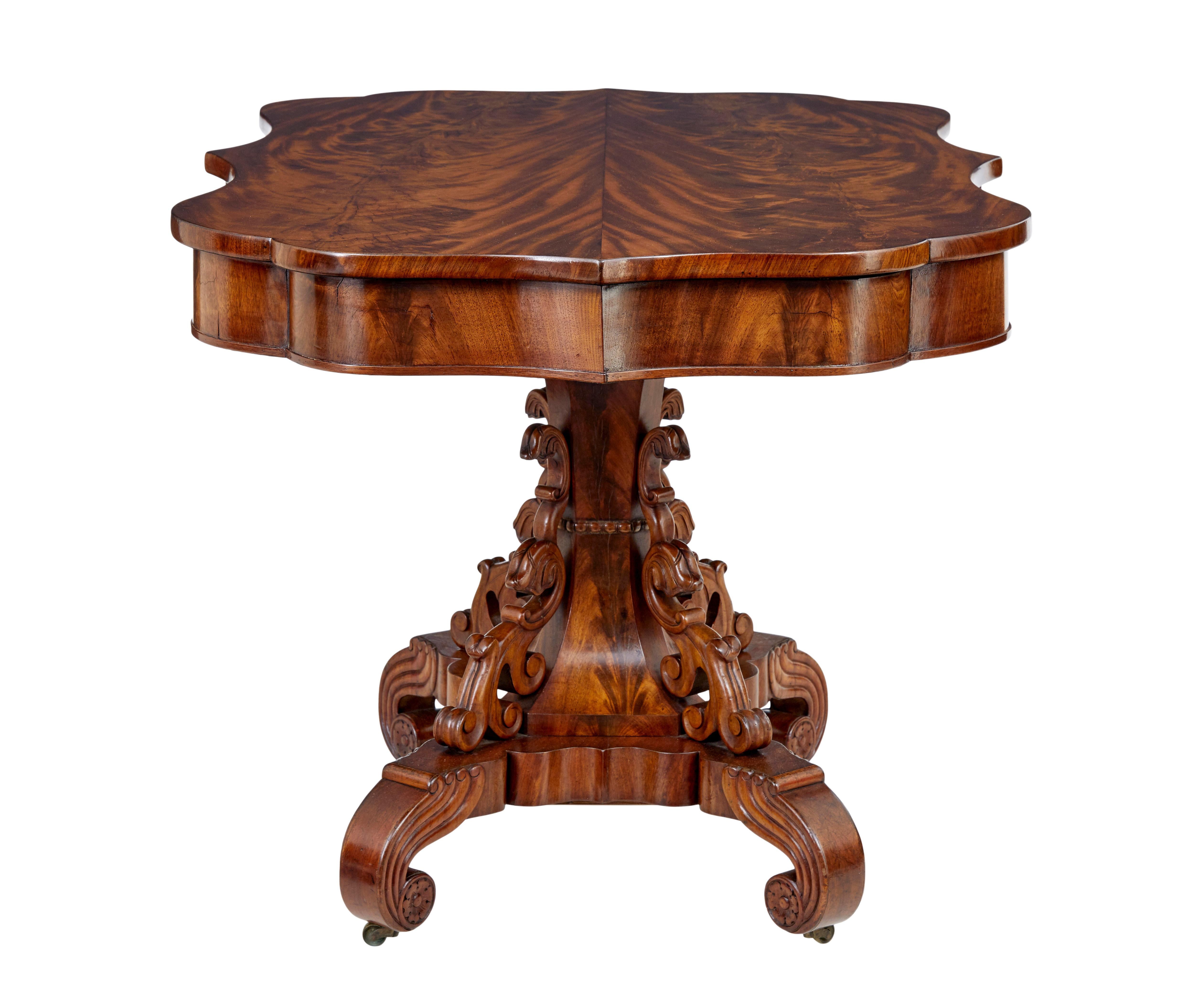 19th Century Danish Carved Flame Mahogany Center Table In Good Condition For Sale In Debenham, Suffolk