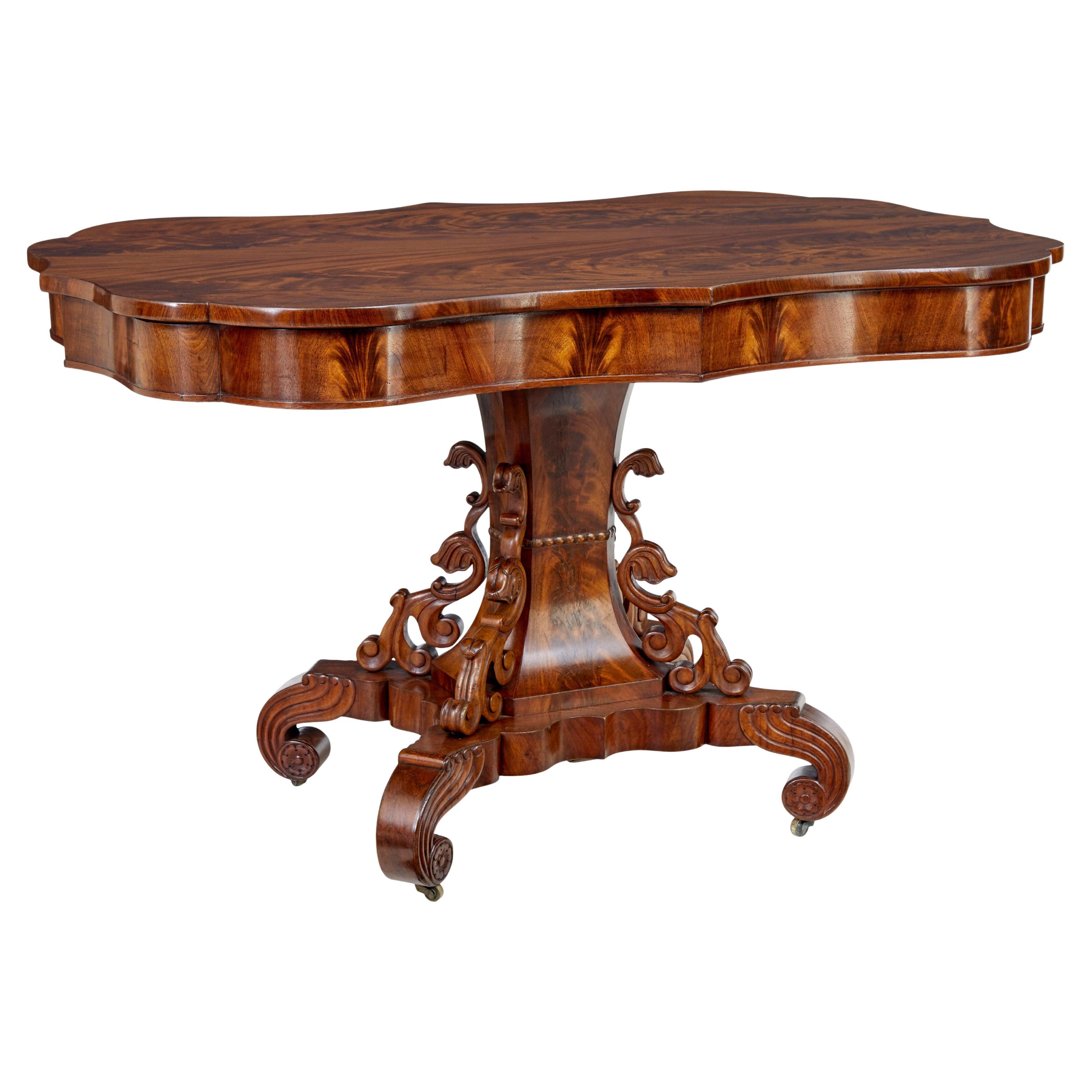 19th Century Danish Carved Flame Mahogany Center Table For Sale