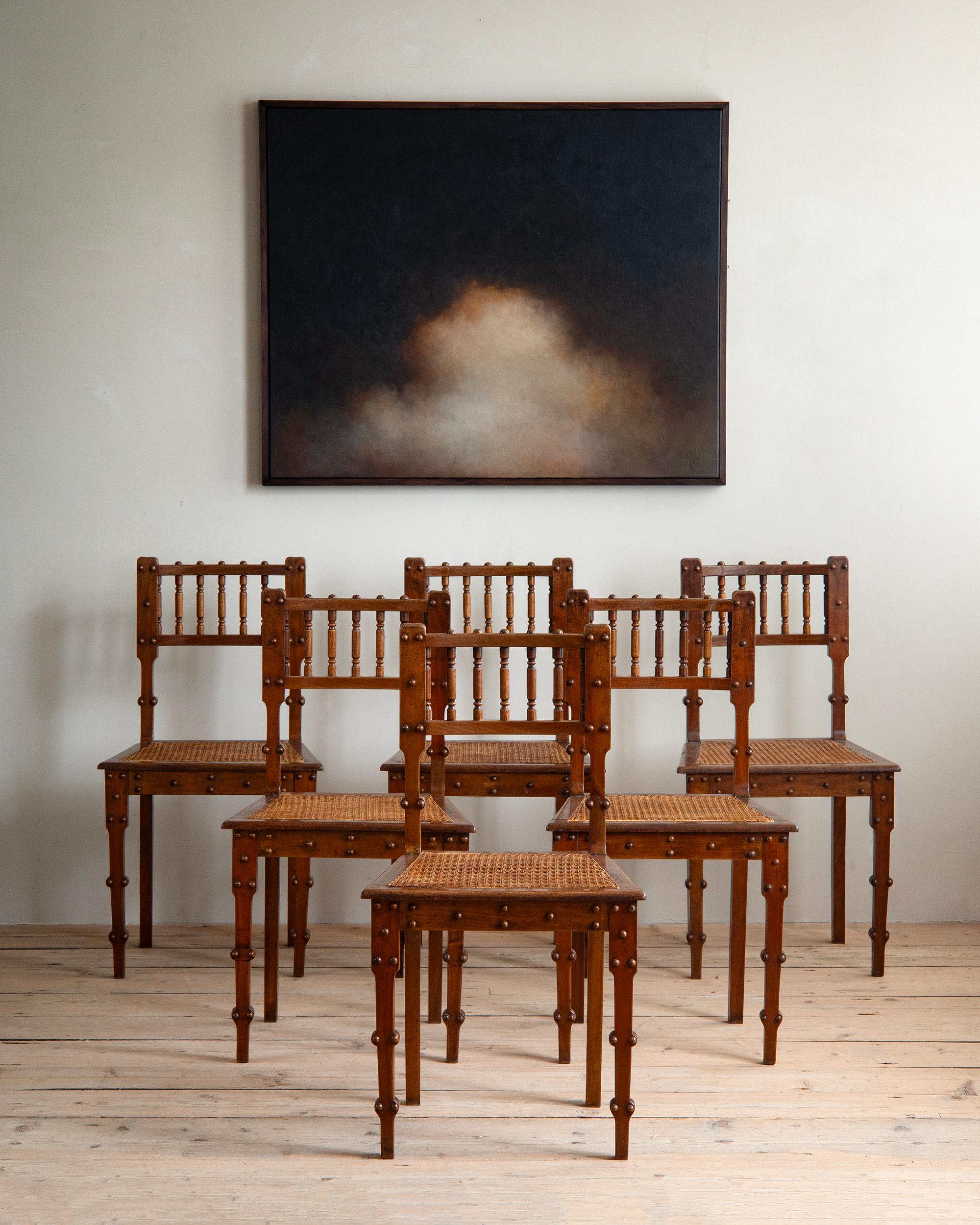 Rare set of six 19th century Danish chairs in Pompeiian taste by architect Michael Gottlieb Bindesbøll. ca 1840s Denmark. 

Literature: Miriam Gelfer-Jørgensen: “Herculaneum on Zealand,” p. 142 and p. 383. 

