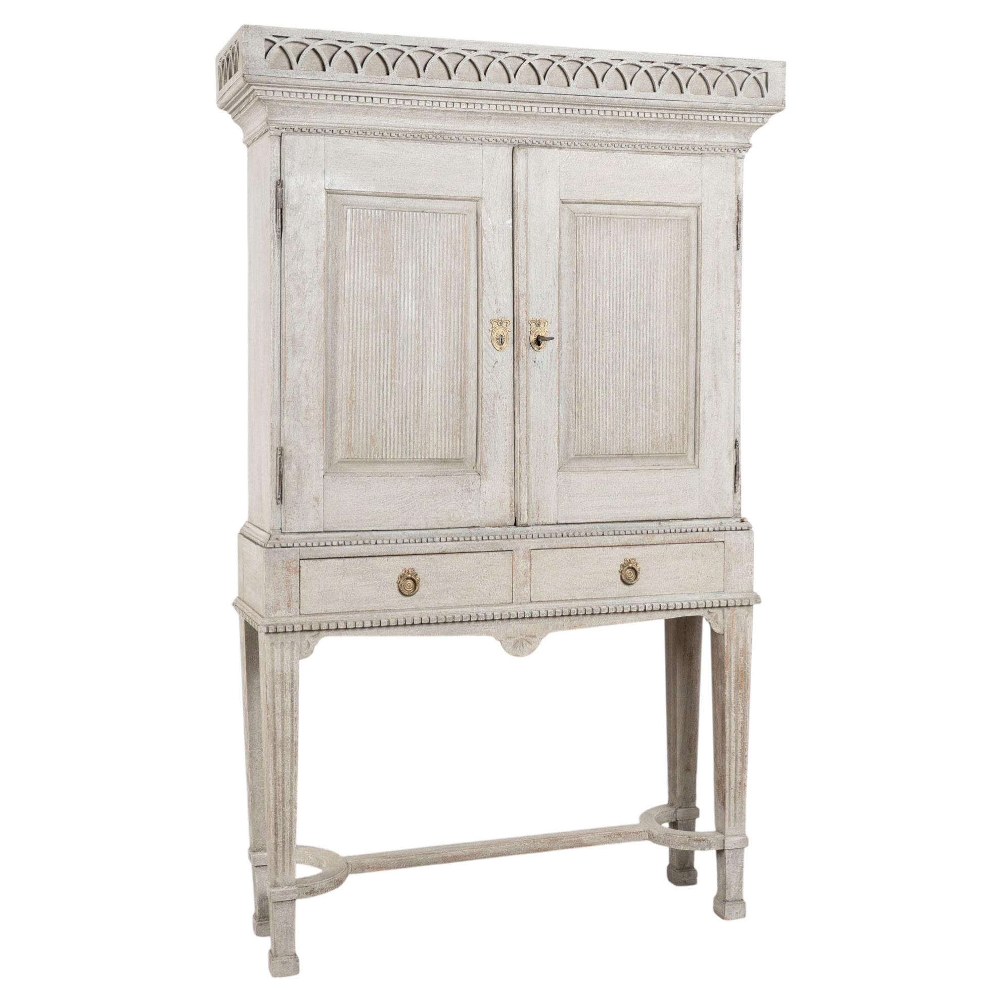19th Century Danish Gray Painted Oak Cabinet on Legs with Interior Drawers