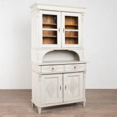 19th Century Danish Gray Painted Pine Cabinet Cupboard with Glass Upper Doors