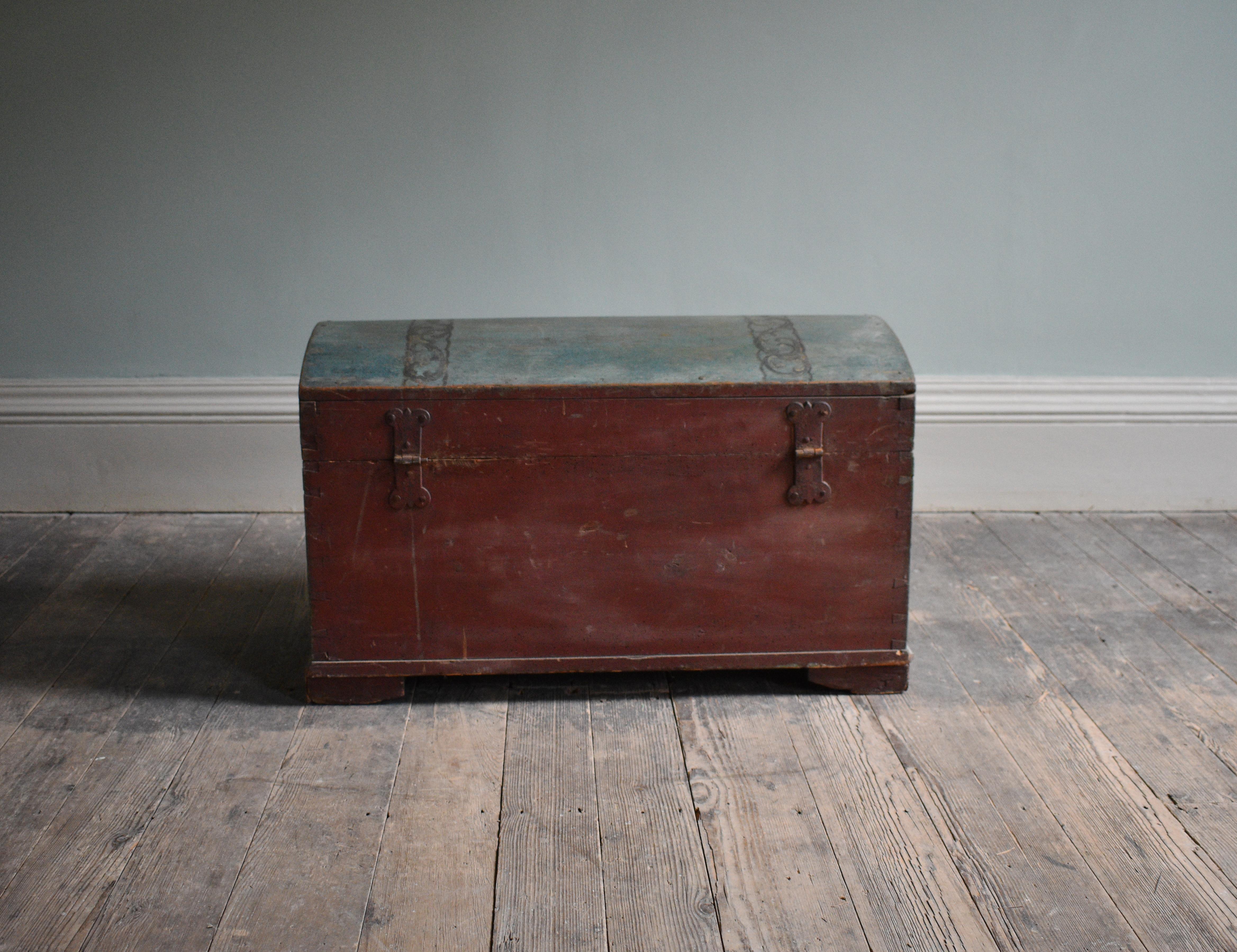 Folk Art 19th Century Danish Hand Painted Domed Top Trunk For Sale