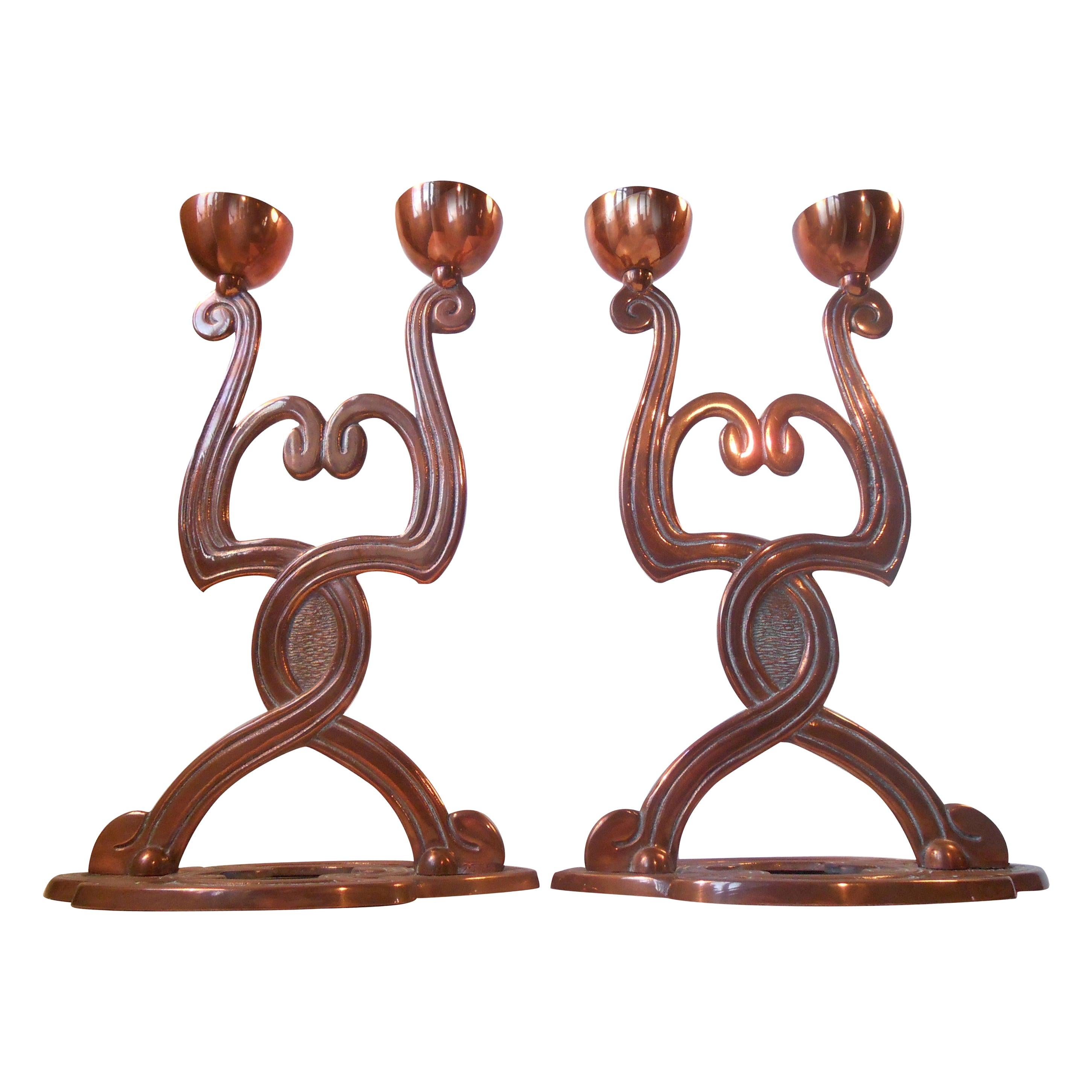 19th Century Danish Jugend Copper Candelabras