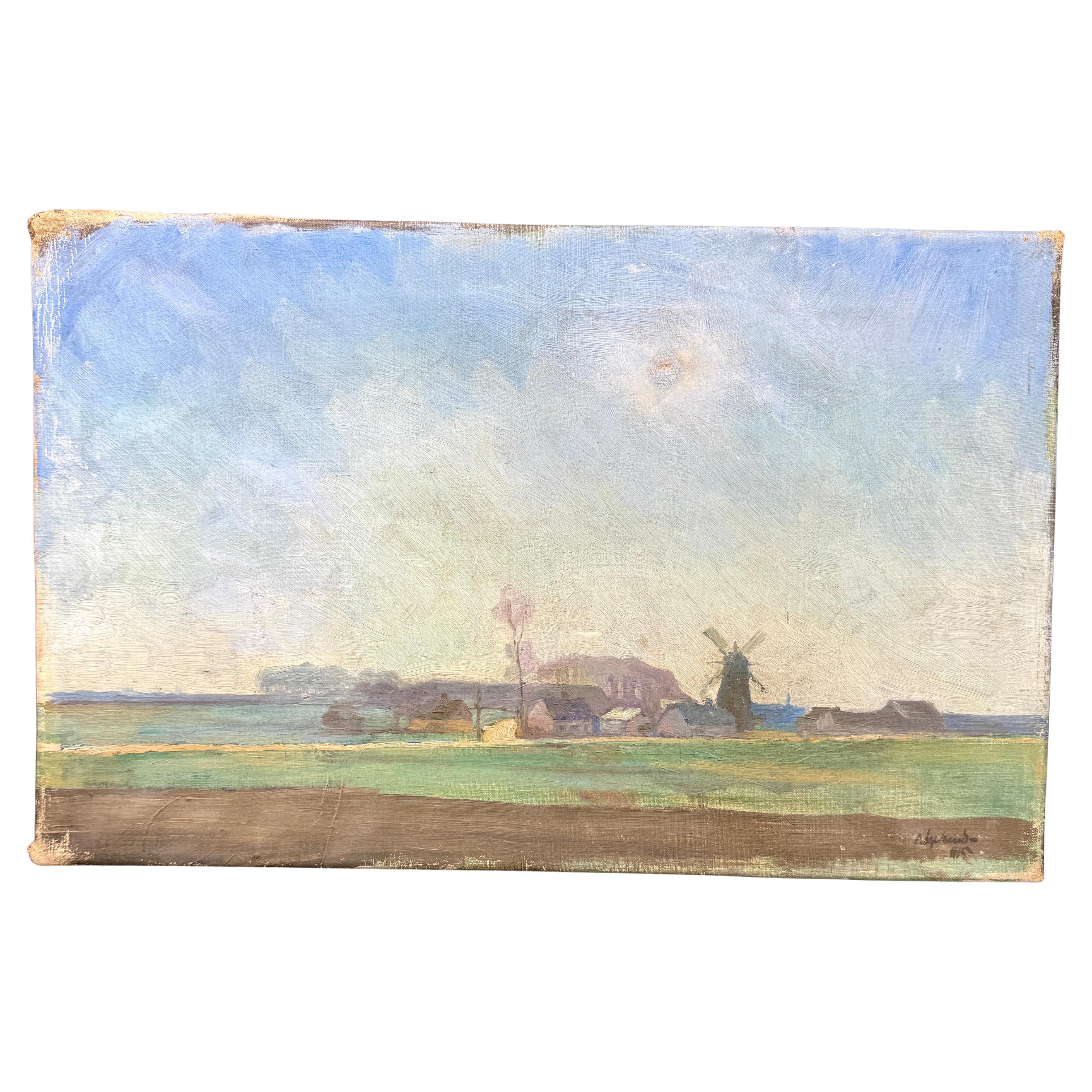 19th Century Danish Landscape Windmill Oil Painting, Denmark