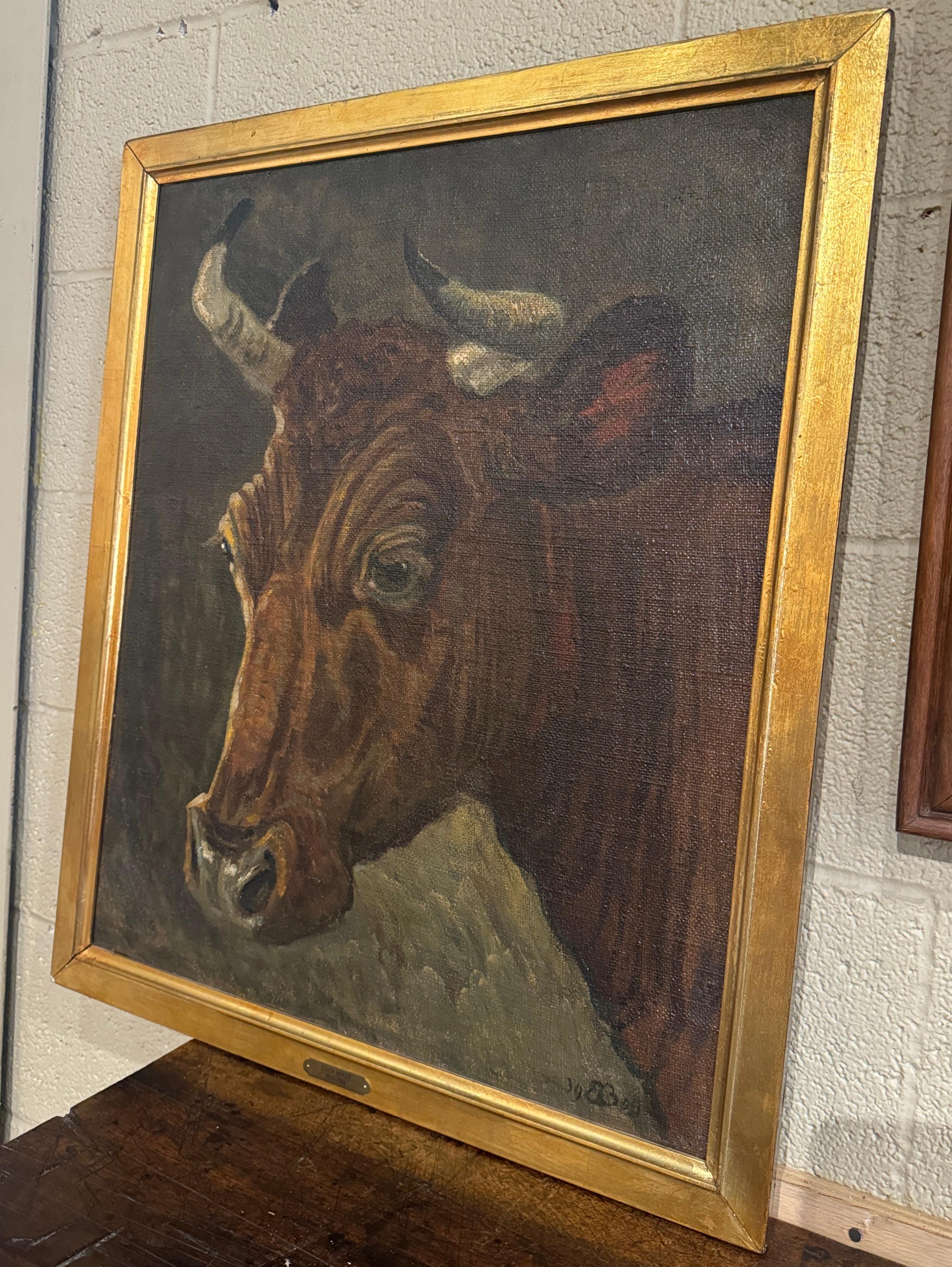 Decorate a den, study or office with this large antique cow painting. Hand painted in Denmark circa 1895 and signed by Danish artist, Eiler Braae. Set within a simple, understated gold frame, the painting exudes a sense of timelessness, grounding