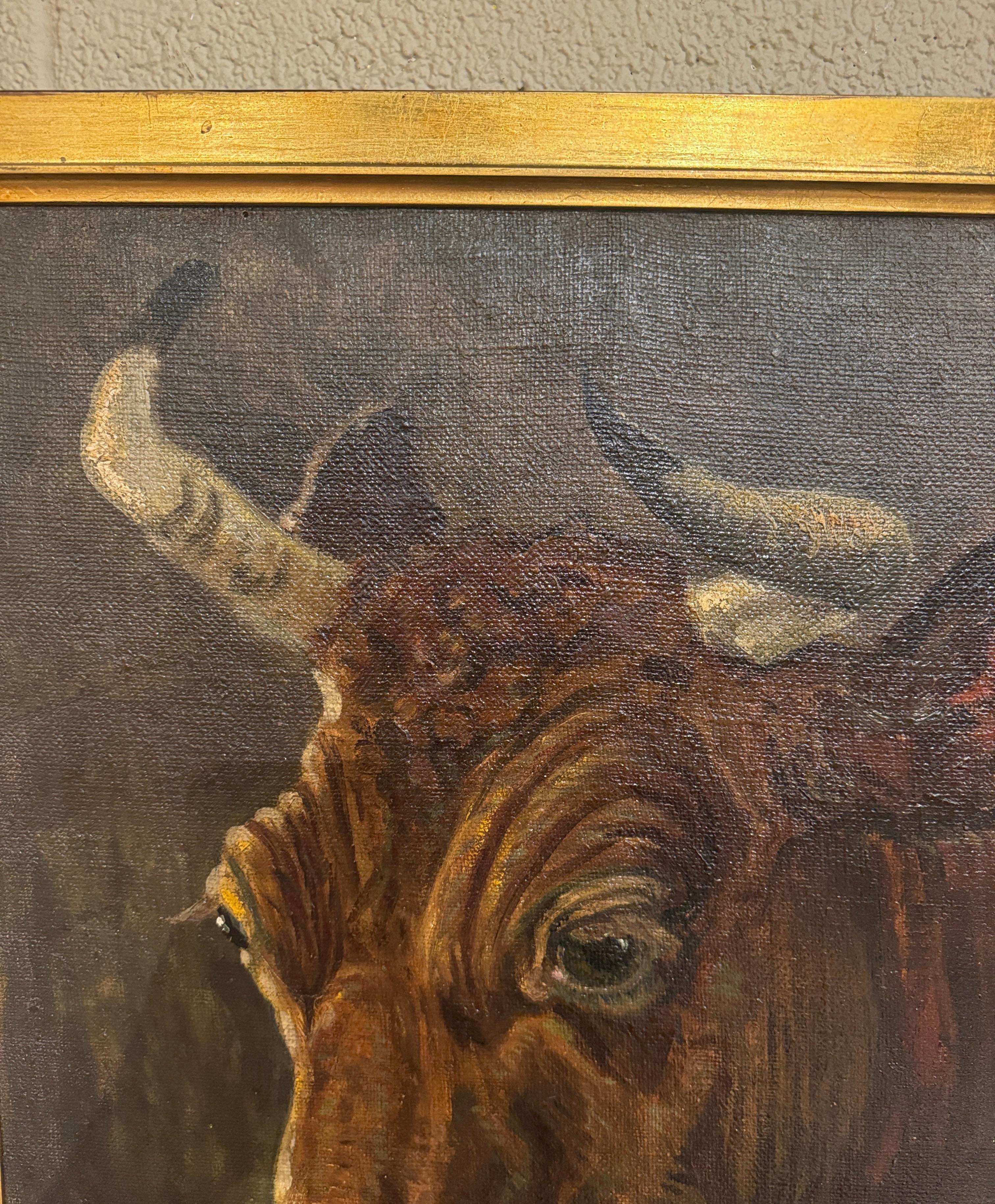 19th Century Danish Oil on Canvas Cow Painting in Gilt Frame Signed E. Braae 1