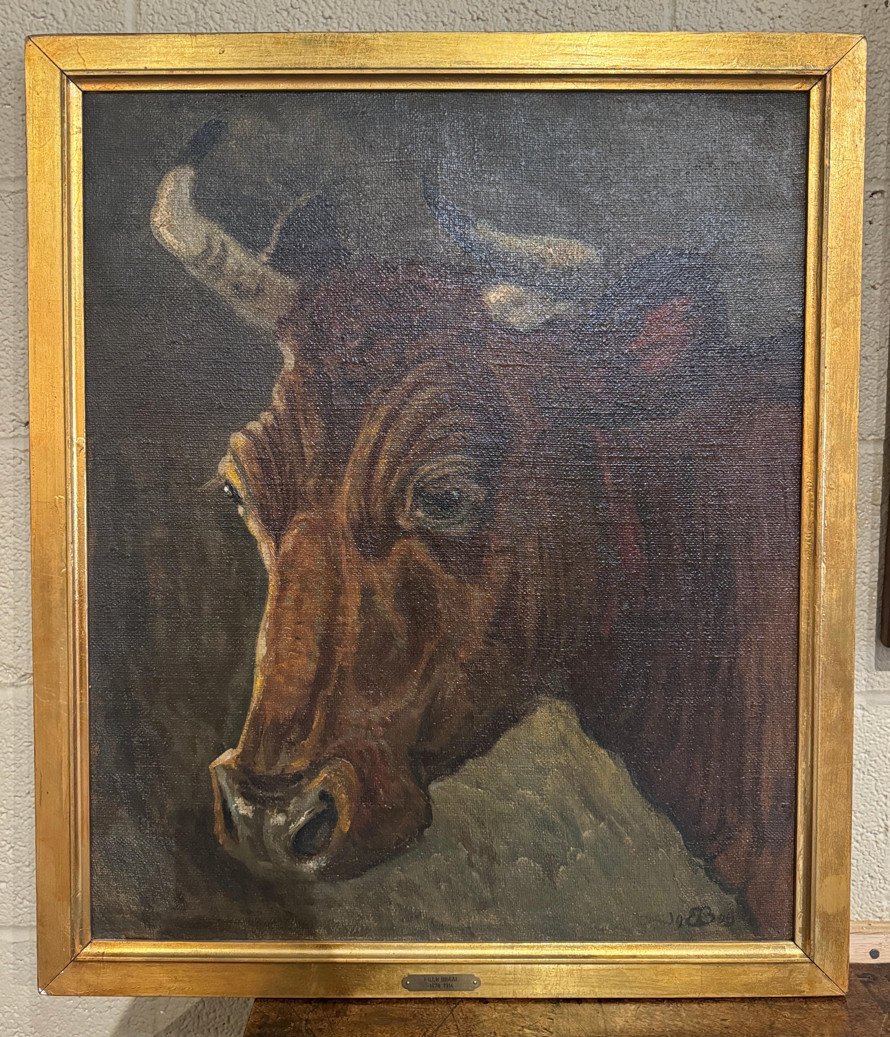 19th Century Danish Oil on Canvas Cow Painting in Gilt Frame Signed E. Braae 2