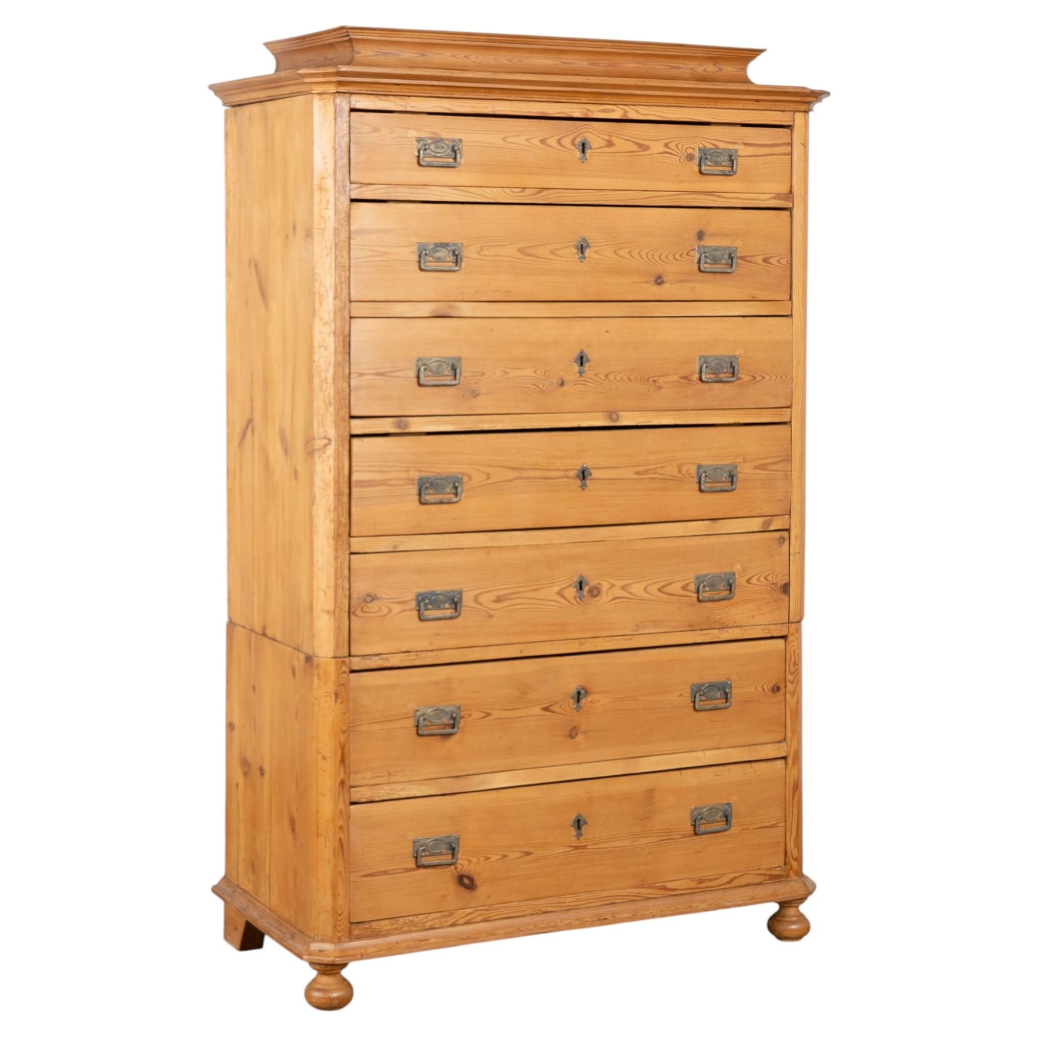 19th Century Danish Pine Highboy Seven Drawer Chest of Drawers