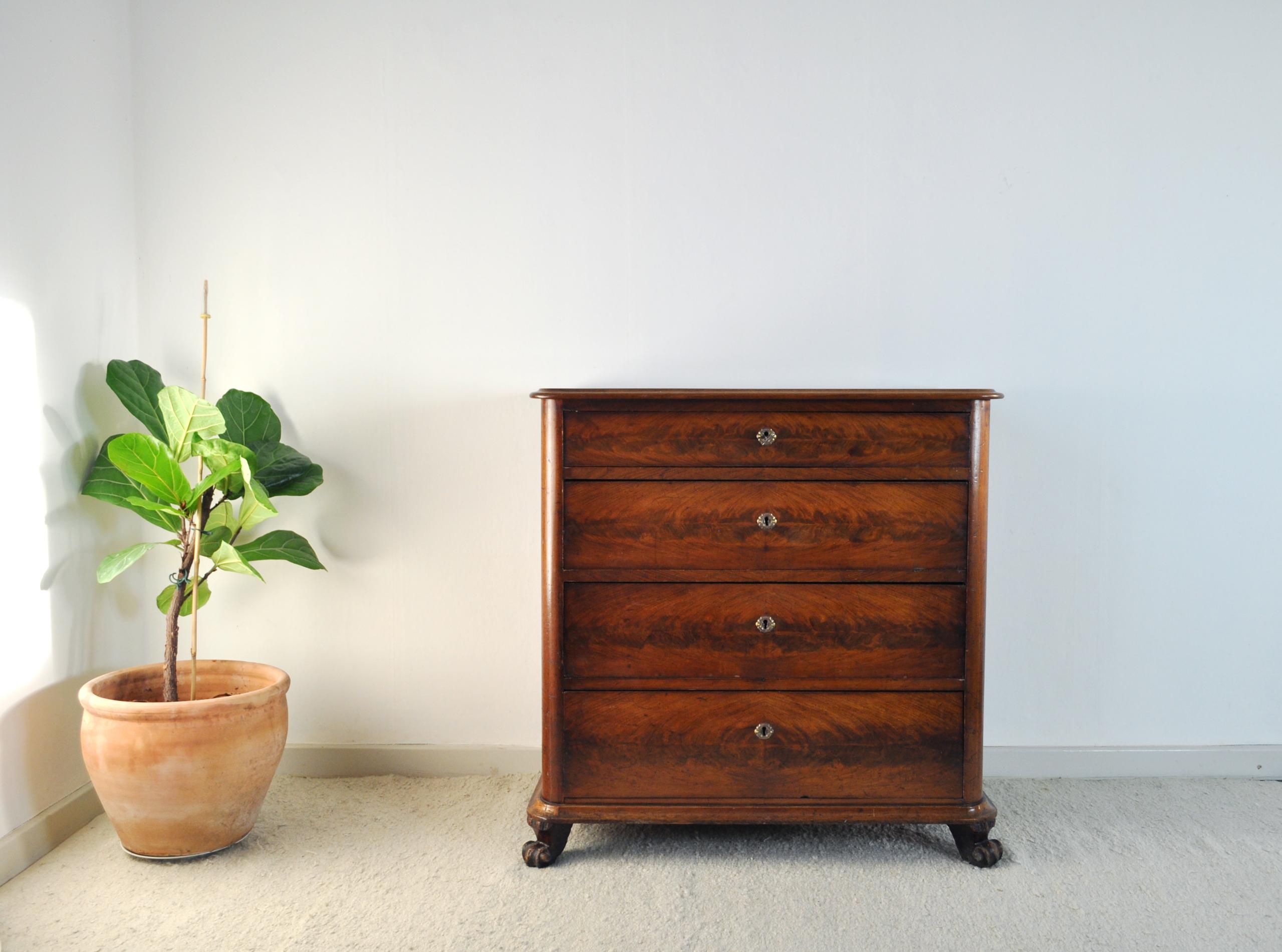 19th century Danish walnut commode or chest of drawers featuring lions paw feet. The commode has a wonderful deep grain running throughout and a rich patination. Very well made and in a good condition, but “un-restored”. Four drawers and one key