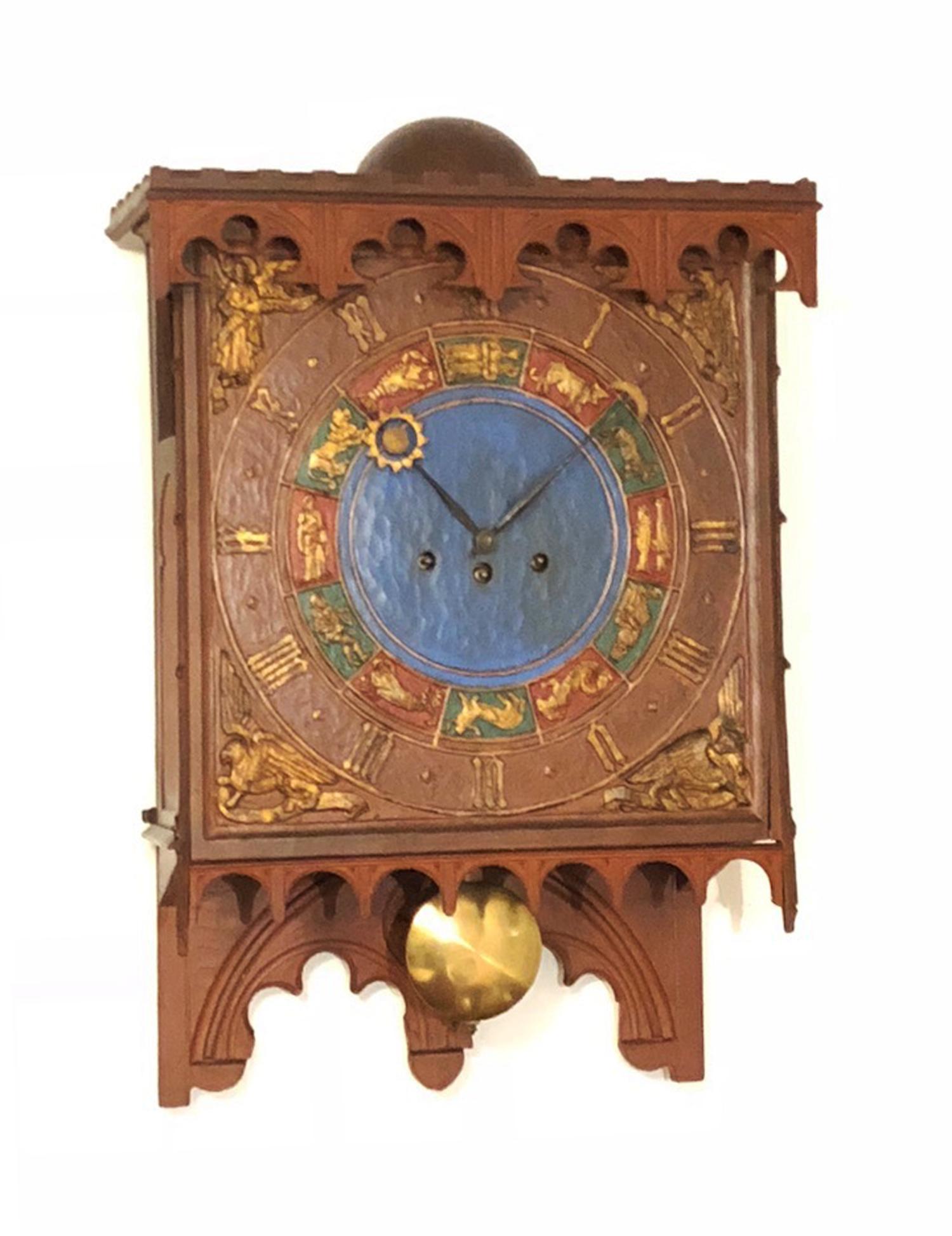 Wooden painted box with Gothic style carvings, clock face with carvings in the form of a zodiac sign, supplied pendulum and wrench.
Movement with musical mechanism. Manufactured circa 1890 in Denmark.
Wood in original condition, movement after