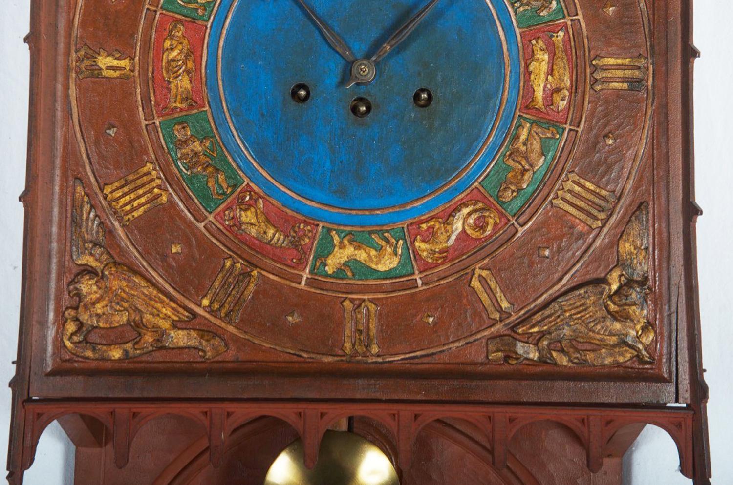 Gothic Revival 19th Century Danish Wooden Zodiac Clock in Gothic Style