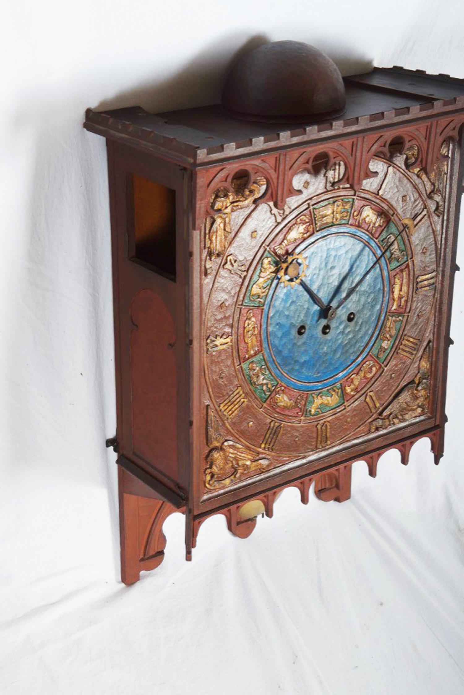 19th Century Danish Wooden Zodiac Clock in Gothic Style In Good Condition In Vienna, AT