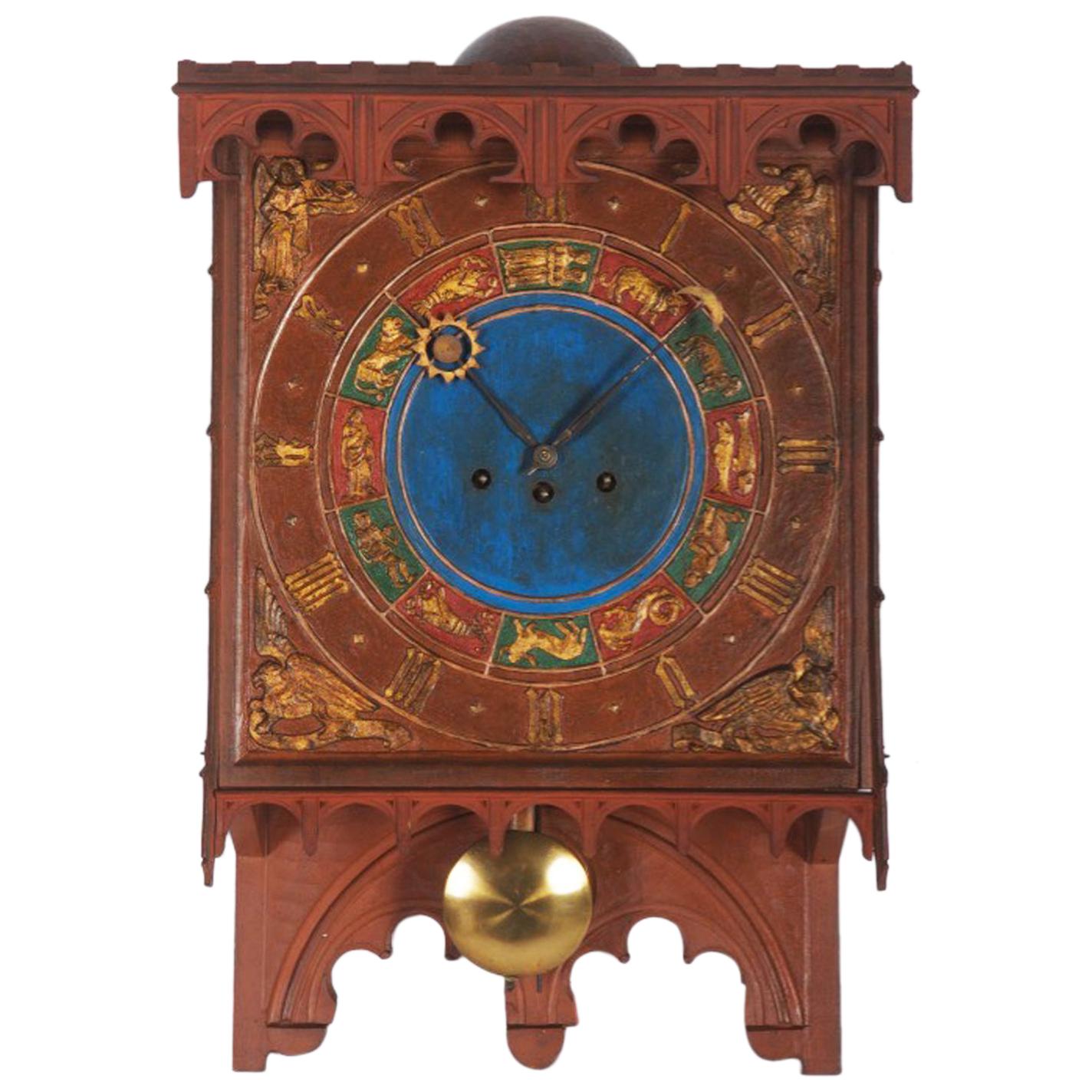 19th Century Danish Wooden Zodiac Clock in Gothic Style