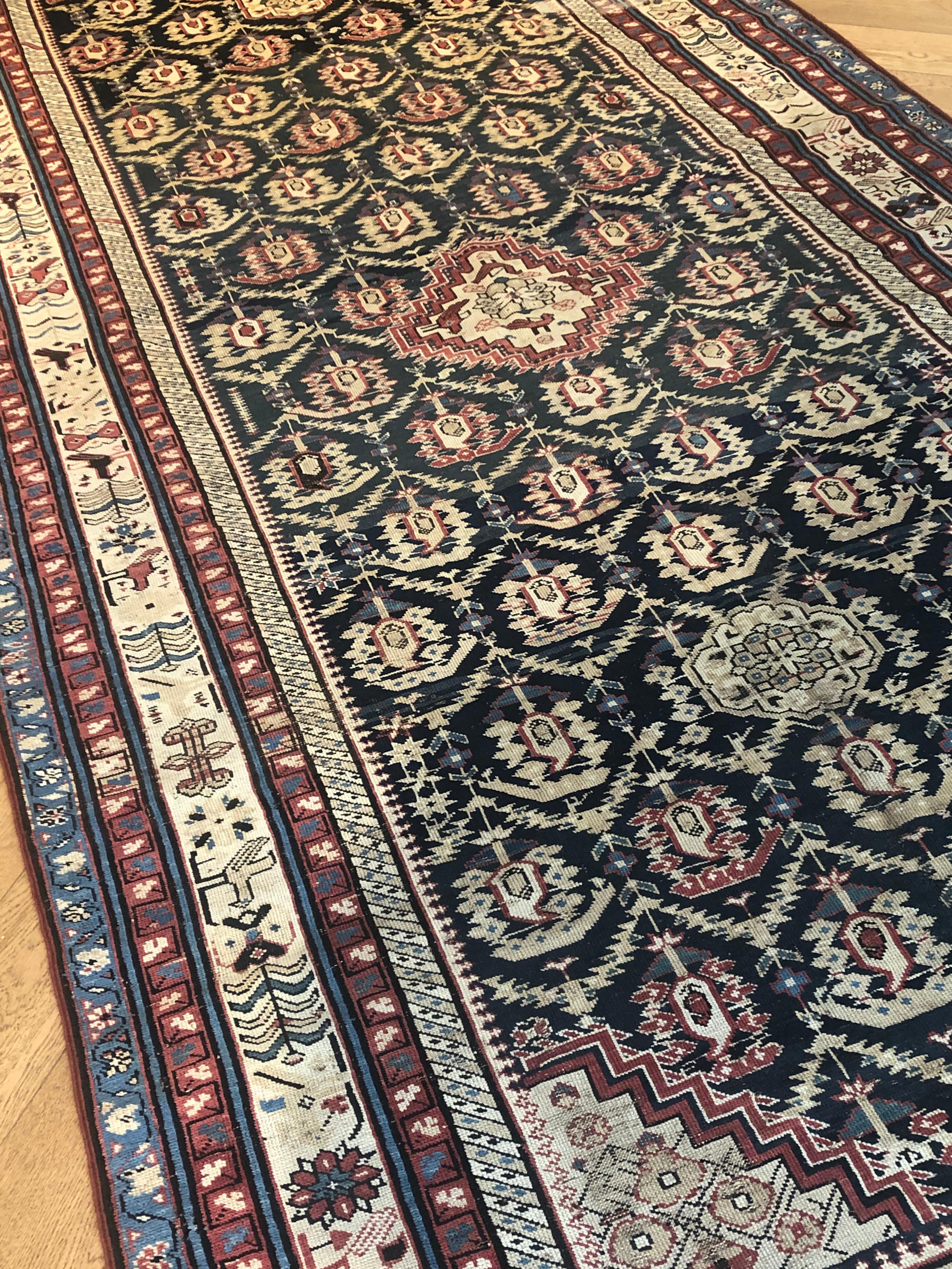 Hand-Knotted 19th Century Dark Blu White Boteh and Birds Caucasus Runner Rug, ca 1890 For Sale