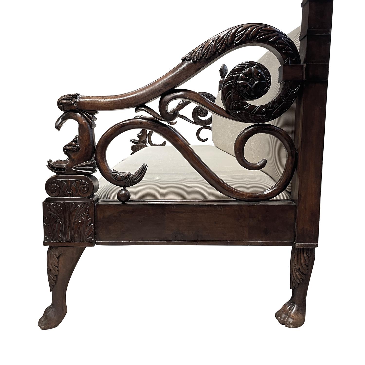 Fabric 19th Century Baltic Mahogany Long Bench - Antique Empire Silk Sofa, Canapé For Sale