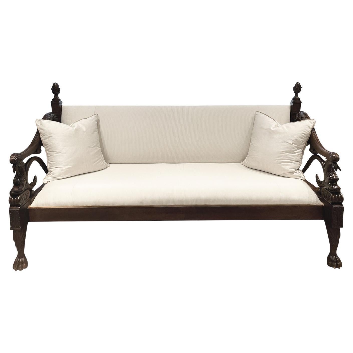 19th Century Baltic Mahogany Long Bench - Antique Empire Silk Sofa, Canapé For Sale