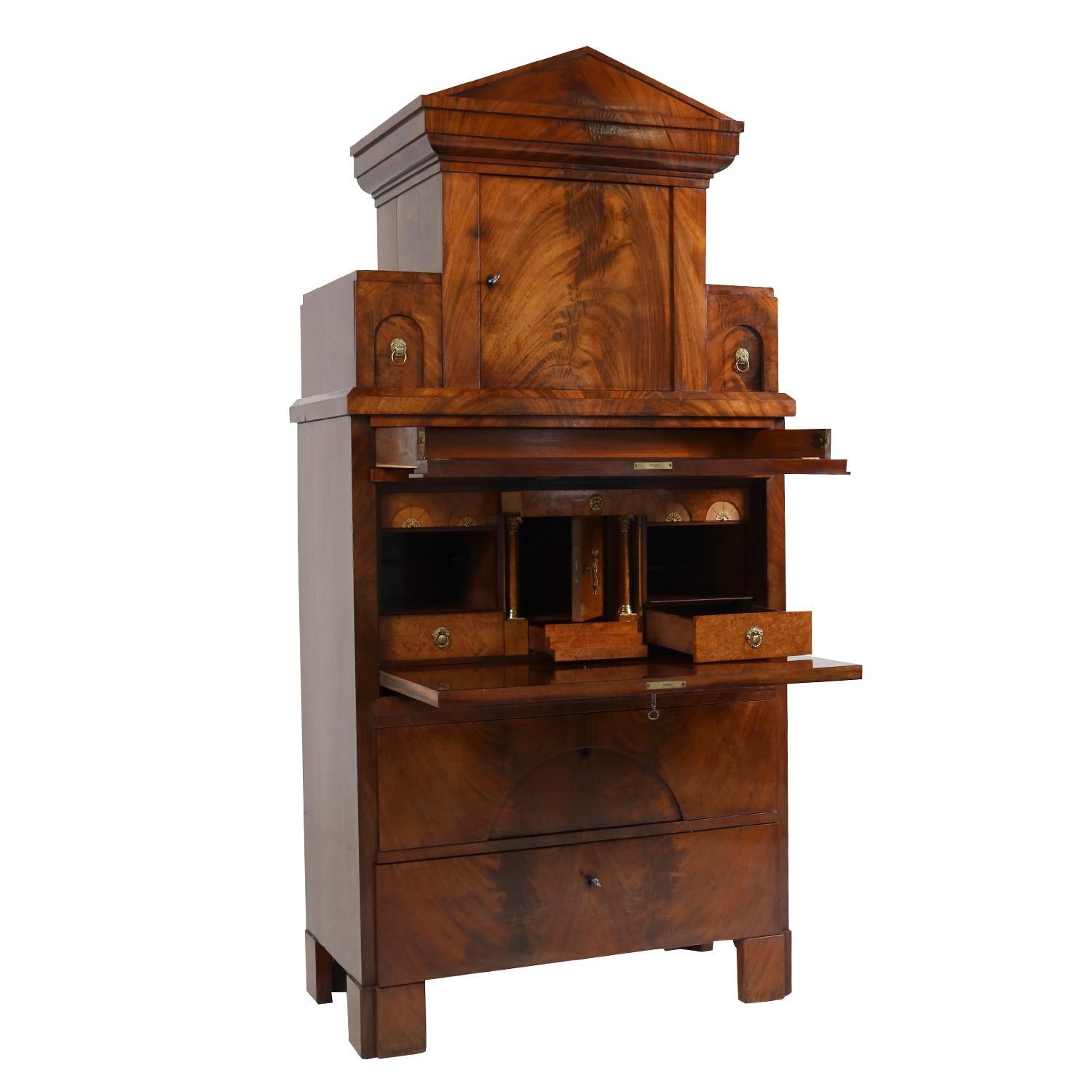 Hand-Carved 19th Century German Biedermeier Veneered Mahogany Cabinet - Antique Secretary For Sale