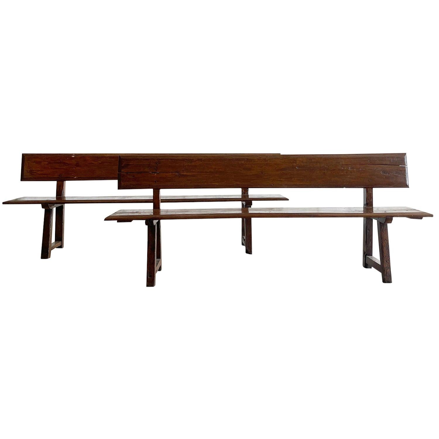 19th Century Dark-Brown Italian Pair of Antique Chestnut Benches