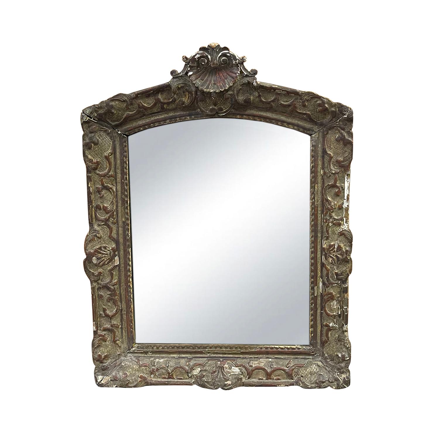 Hand-Carved 19th Century Dark-Grey French Antique Louis XV Style Pinewood Wall Glass Mirror For Sale