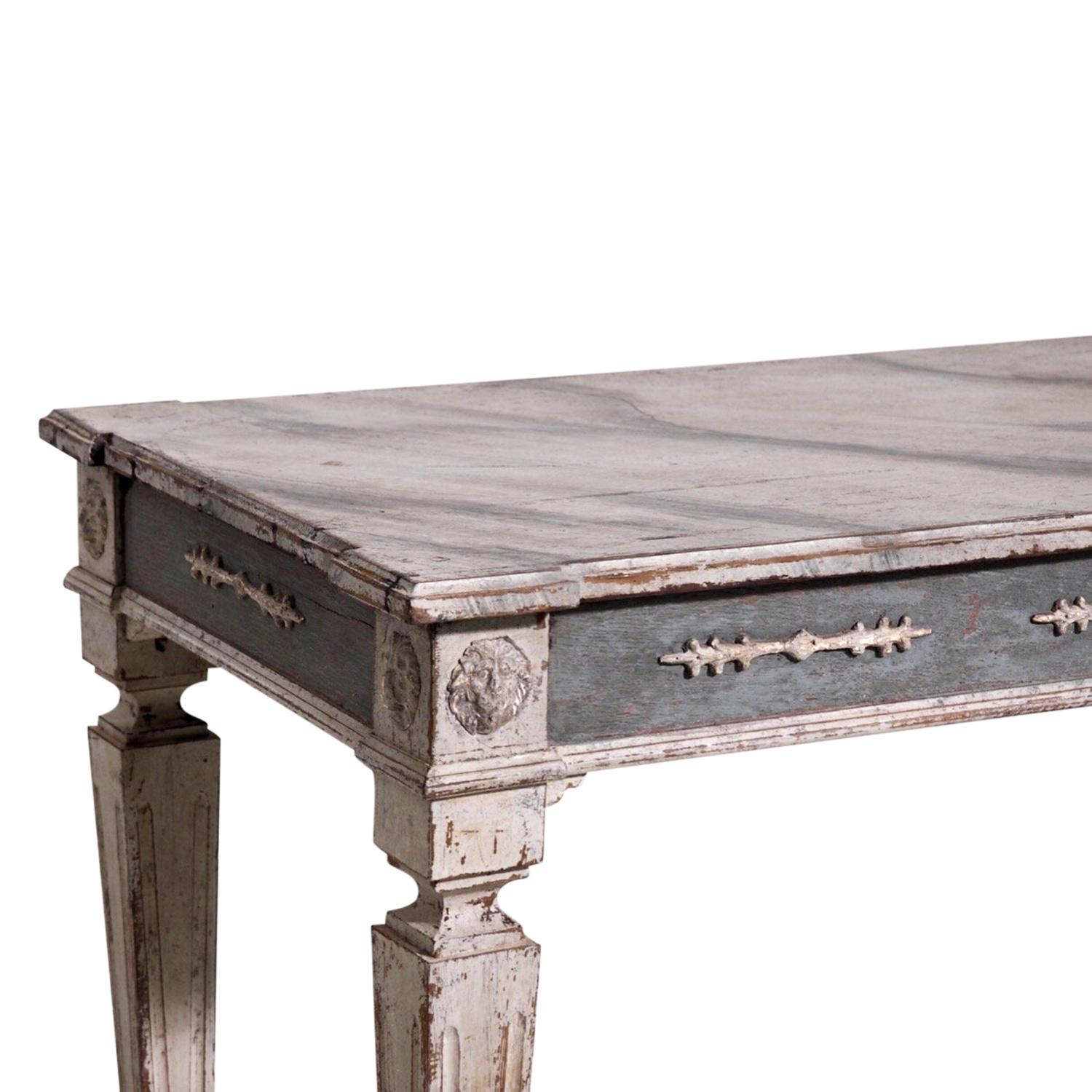 A dark-grey, antique Swedish Gustavian console table with a painted faux marble top, made of hand crafted Pinewood, in good condition. The Scandinavian wood end table is standing four straight, square legs, enhanced by detailed flower carvings,