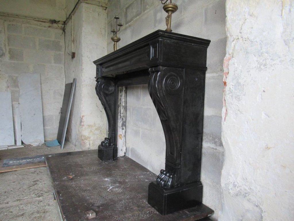 Hand-Carved 19th Century 'Dated 1813' French Black Napoleon Marble Fireplace For Sale