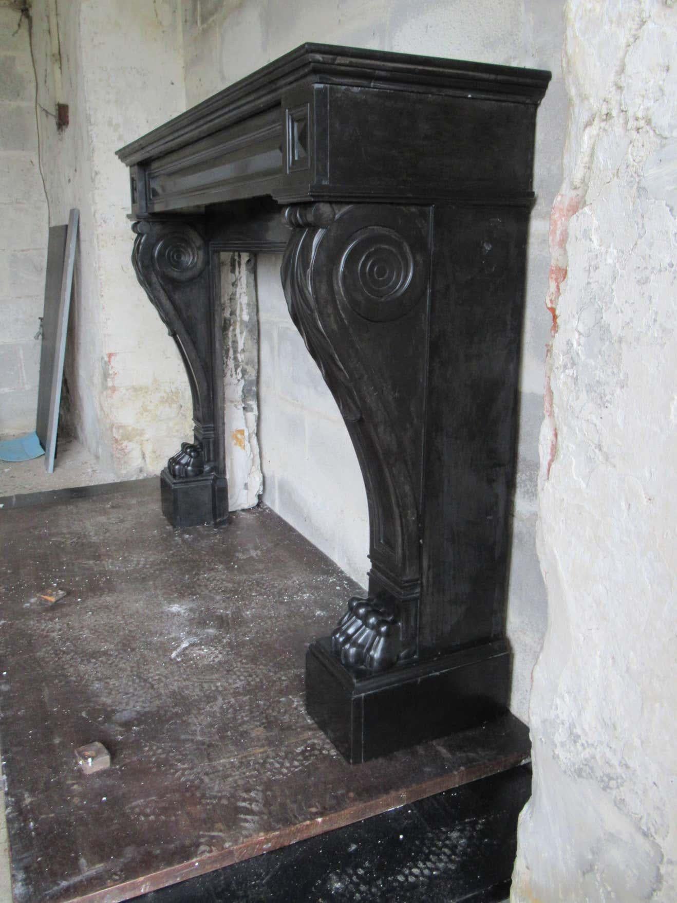 Hand-Carved 19th Century 'Dated 1813' French Black Napoleon Marble Fireplace For Sale