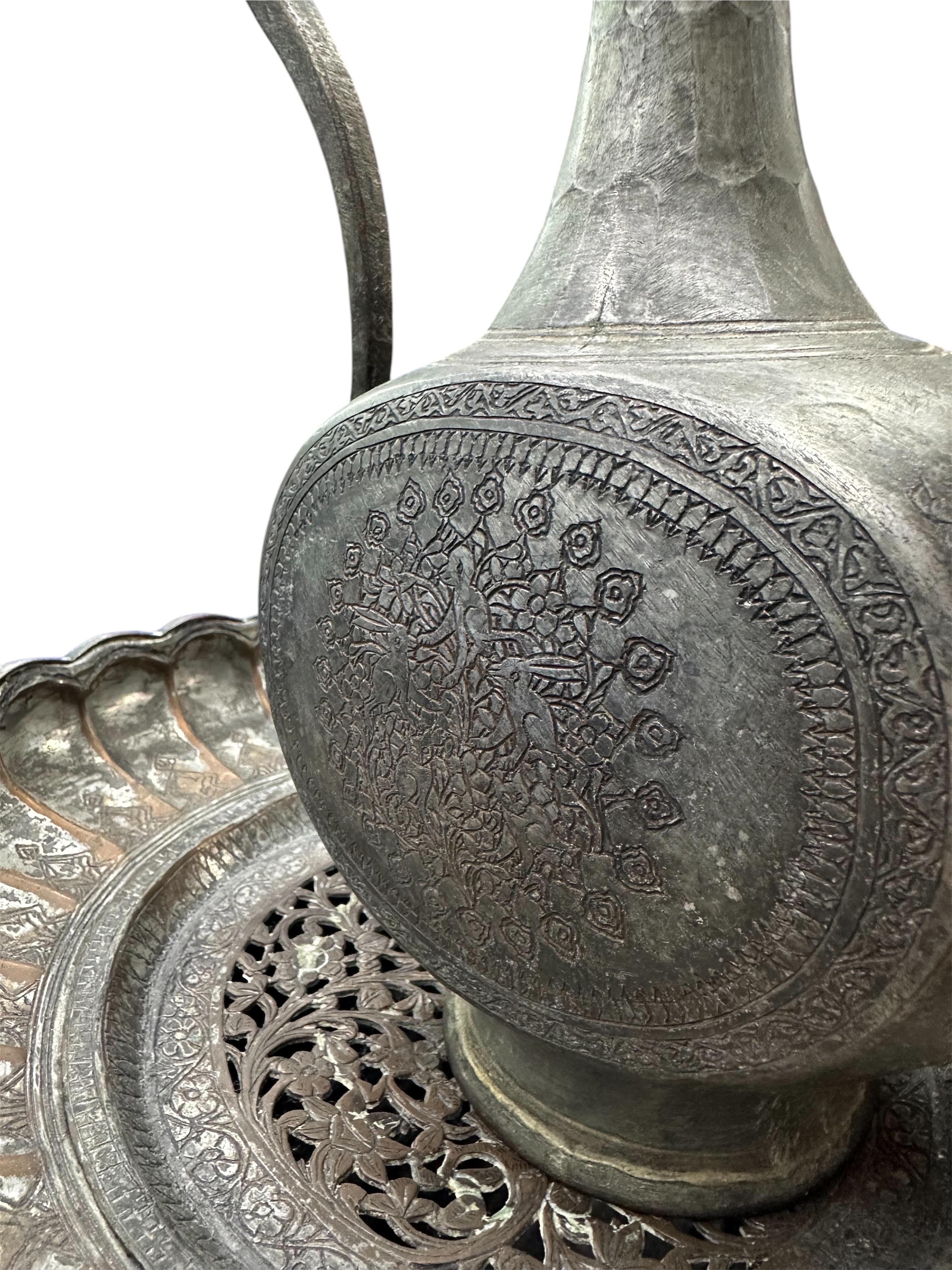 19th Century Dated Persian Qajar Tinned Copper Ewer Ablution Basin Set ...