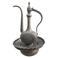 19th Century Dated Persian Qajar Tinned Copper Ewer Ablution Basin Set, 1878.